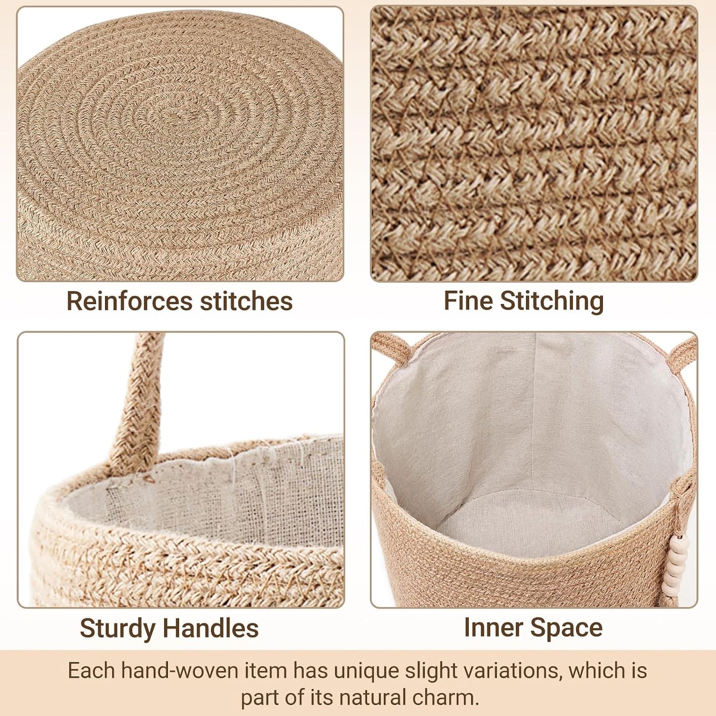 Woven Storage Basket Decorative Natural Rope Basket Wooden Bead Decoration / Brown / 11"W x 11"L