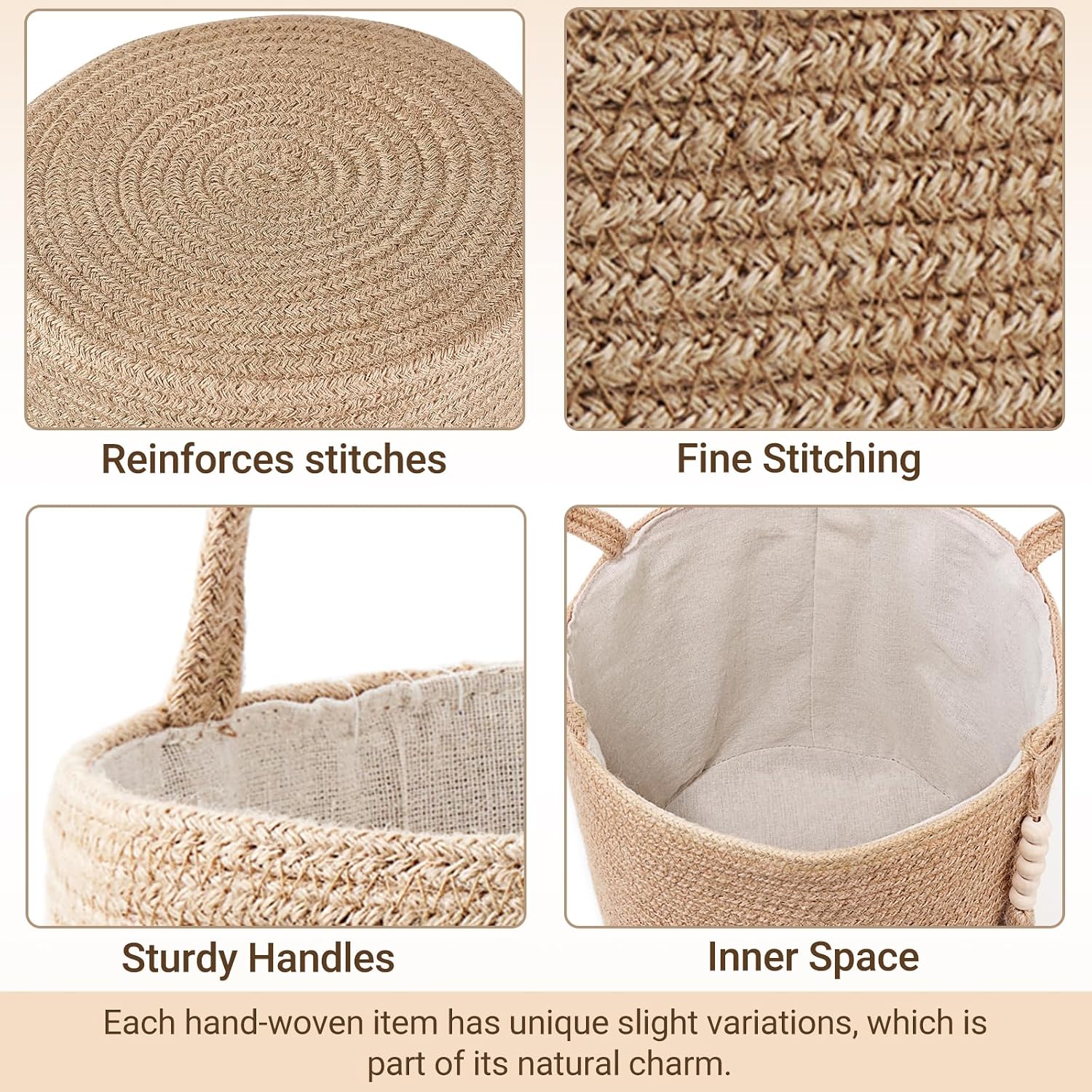 Woven Storage Basket Decorative Natural Rope Basket Wooden Bead Decoration / Brown / 11"W x 11"L