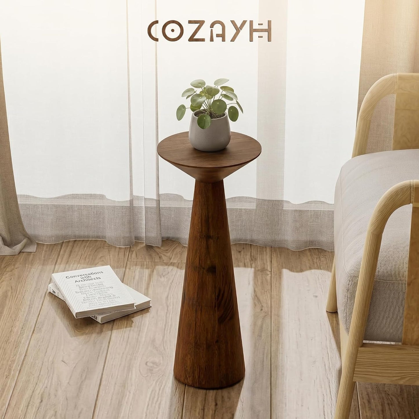 Solid Pine Wood Pedestal Accent Drink Stand / Walnut