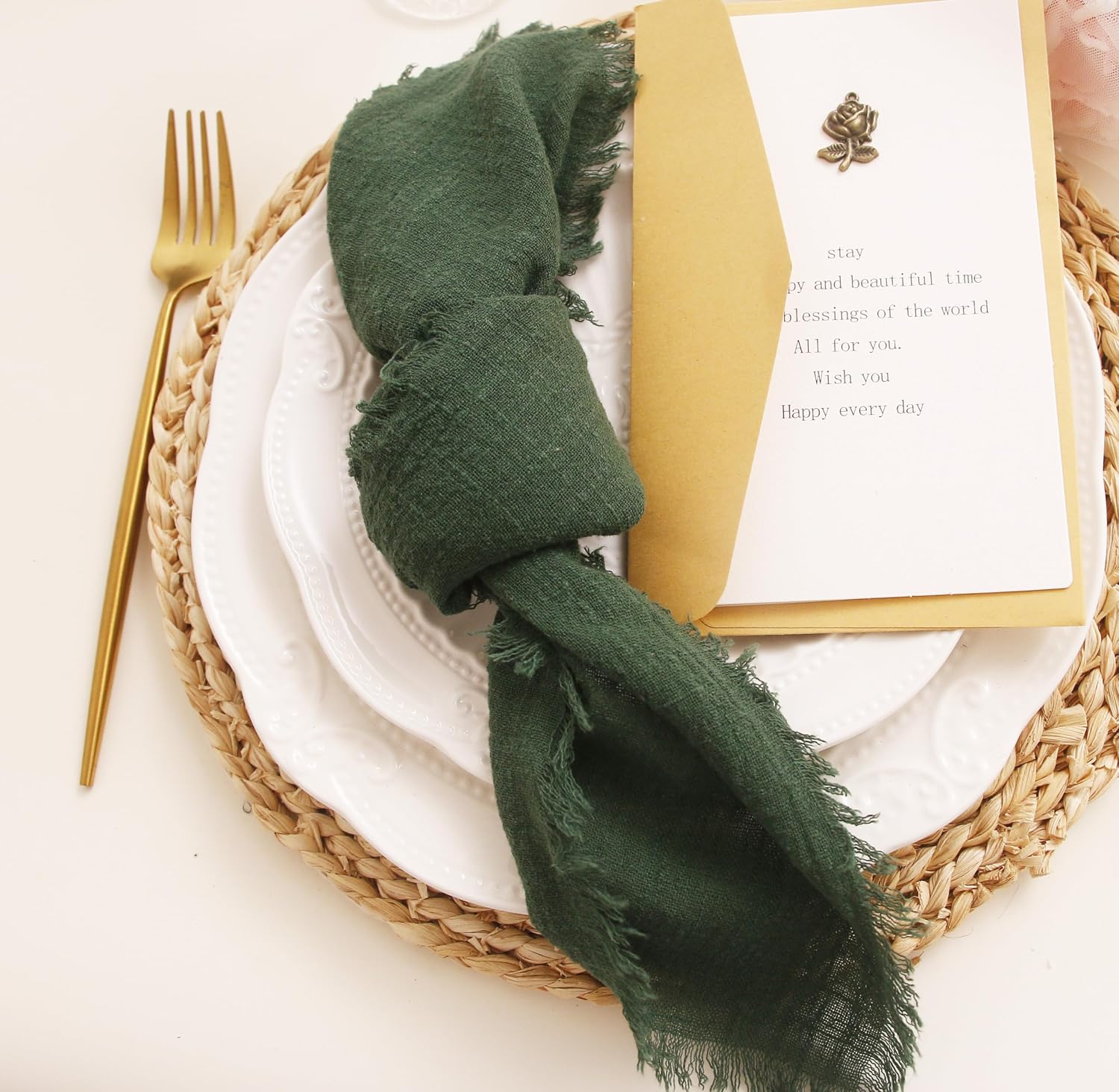 Fall Cloth Napkins with Fringe, Cotton Gauze Napkins Set of 12, Dark Green | Boho Rustic Dinner Napkins, 16 x 16 Inch