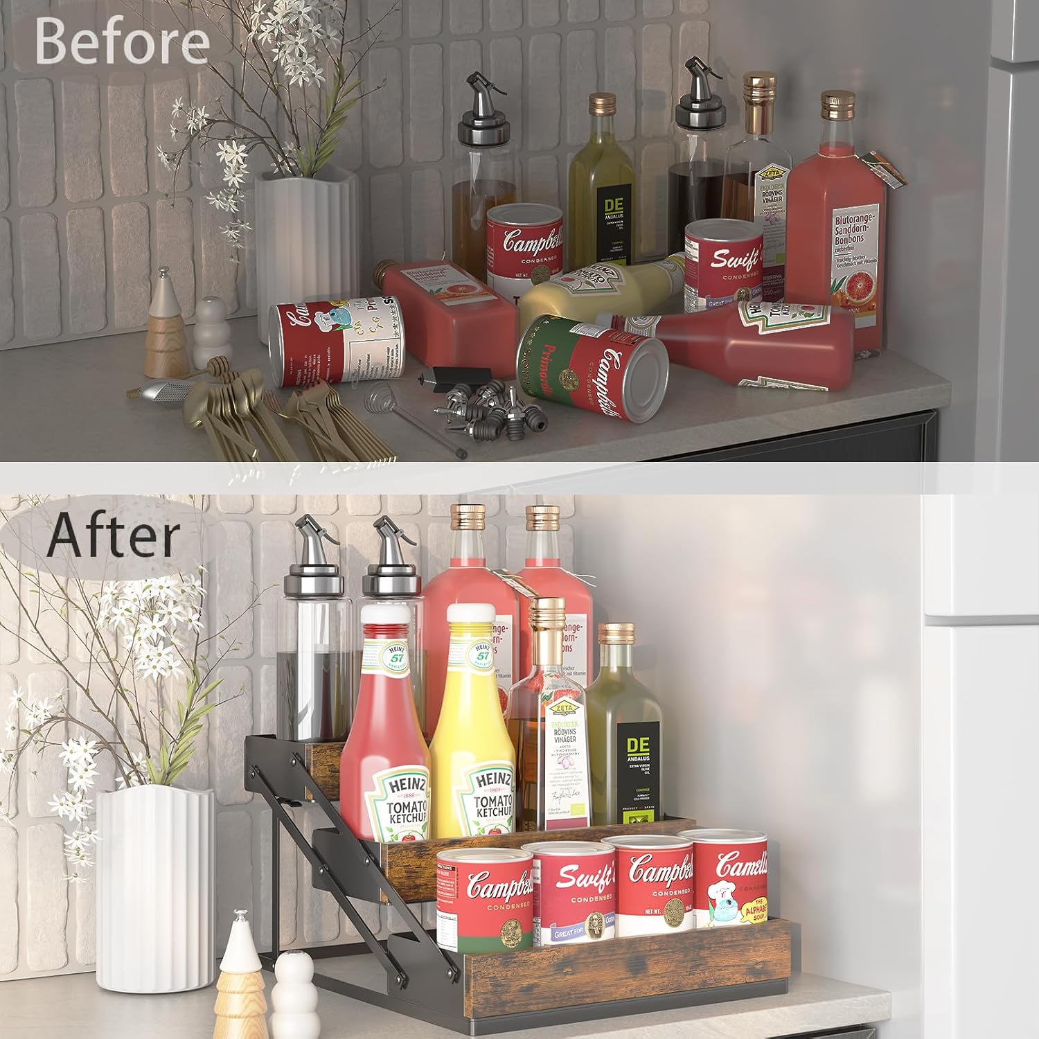3 Tier Foldable Spice Rack Organizer for Countertop, Step Shelf with Spice Jars for Kitchen Cabinet Drawers Seasoning