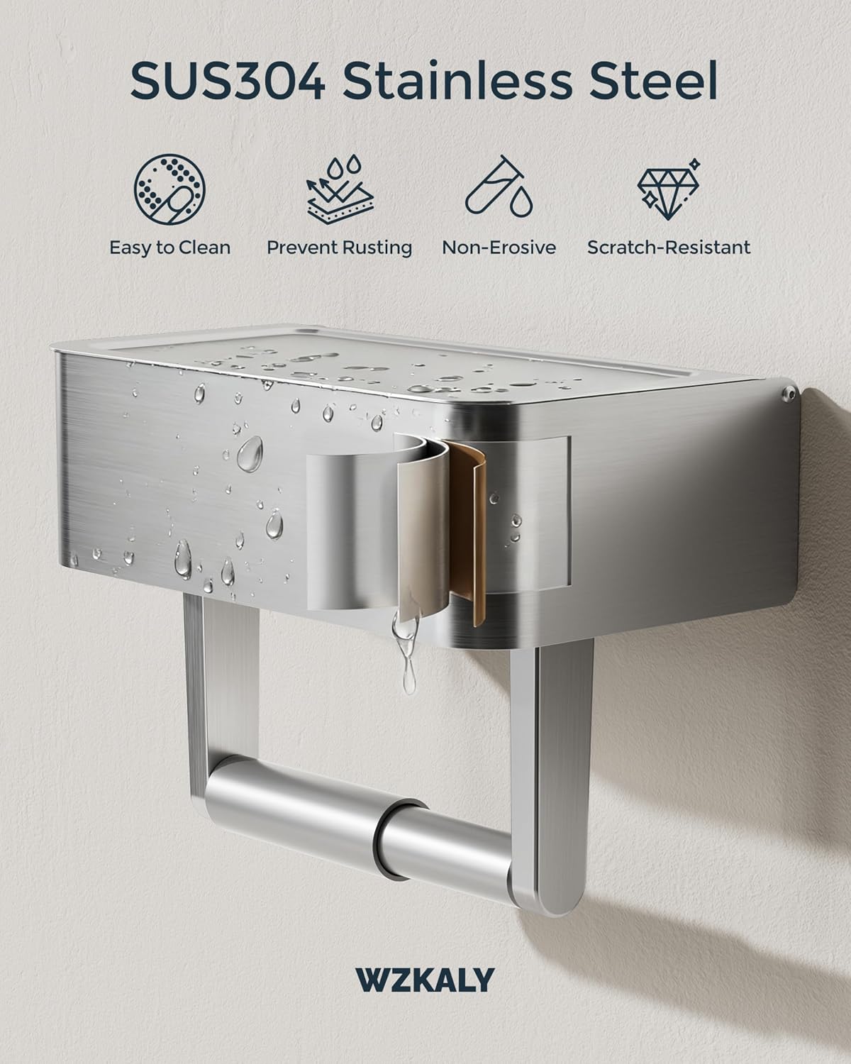 Toilet Paper Holder, Stainless Steel Wall Mount Bathroom Organizer with Shelf, Flushable Wipes Dispenser Storage Fits