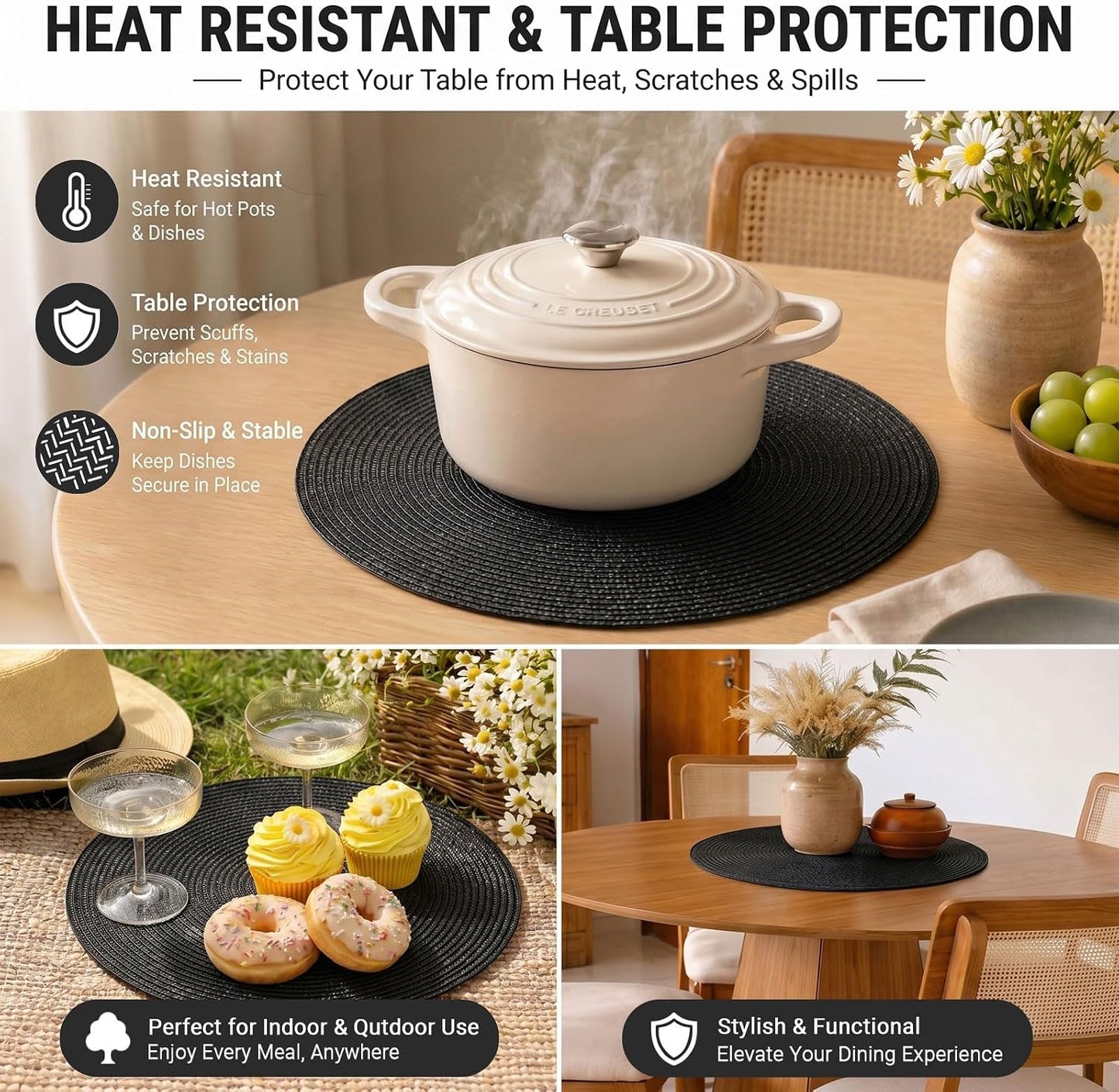 FunWheat Round Braided Placemats Set of 8 Place Mats for Dining Table Woven Washable Non-Slip Table Mats 15