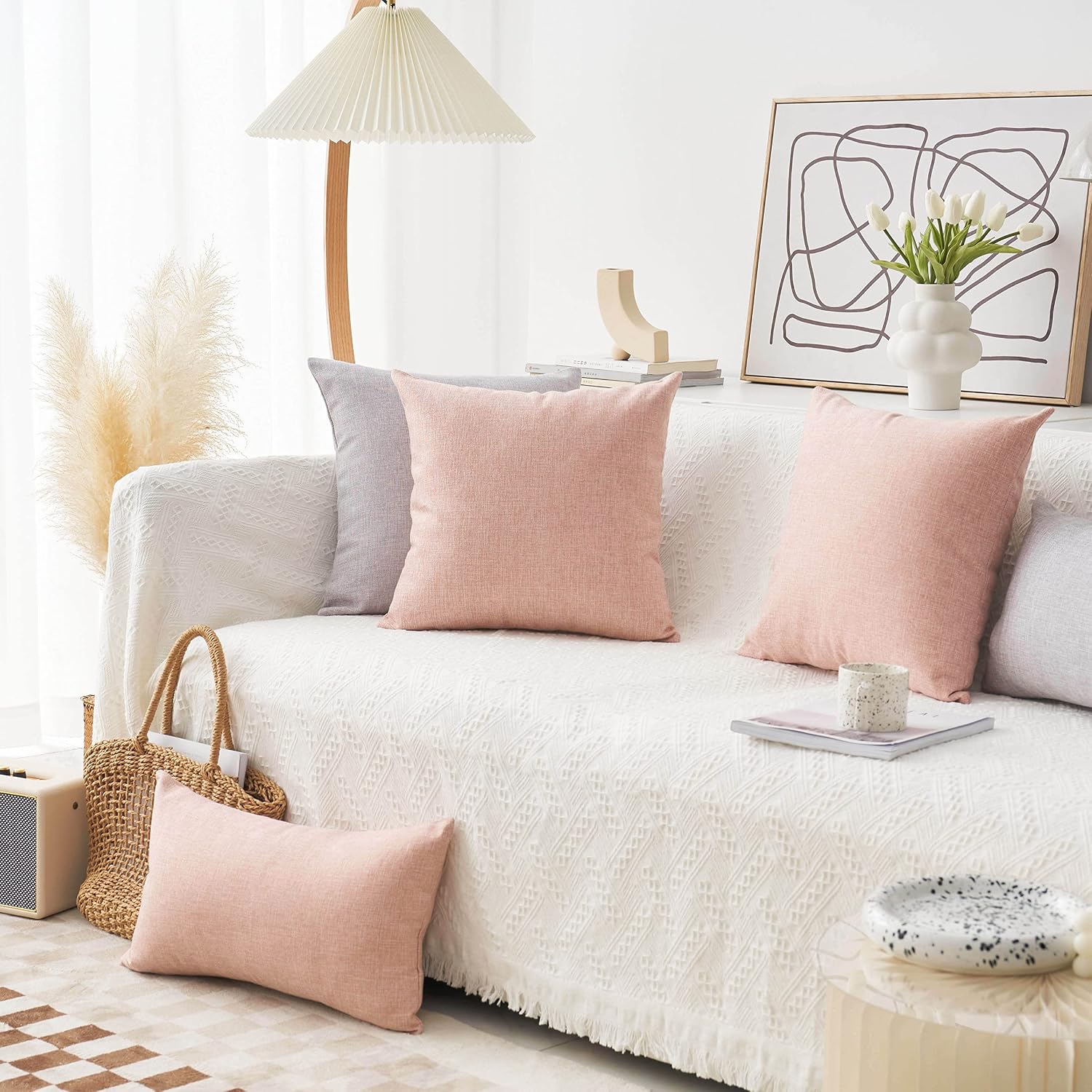 Pillow Covers Decorative Linen Cushion Covers Square Throw Pillows / 18 x 18 / Baby Pink / Set of 4