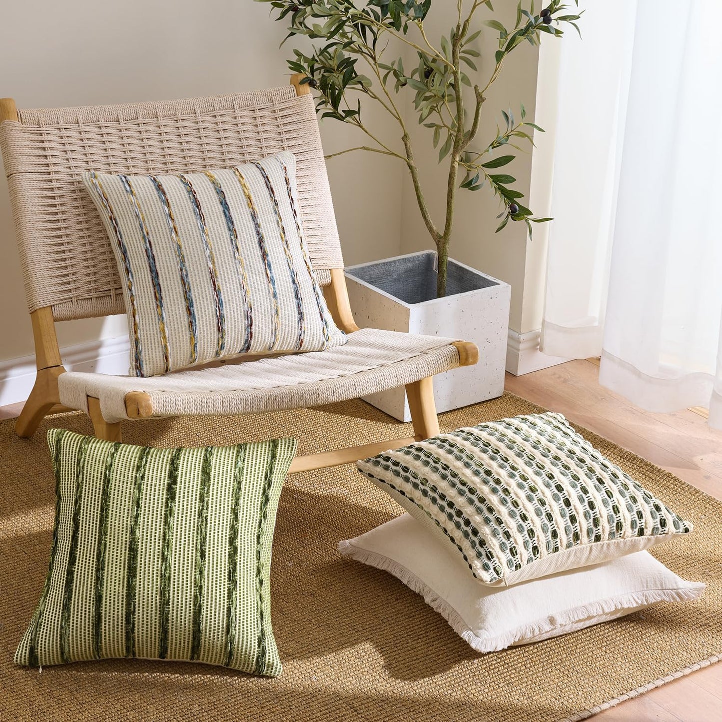 Boho Woven Chenille Pillow Covers Soft Textured Decorative / Olive Stripe / 20 x 20 / Set of 2