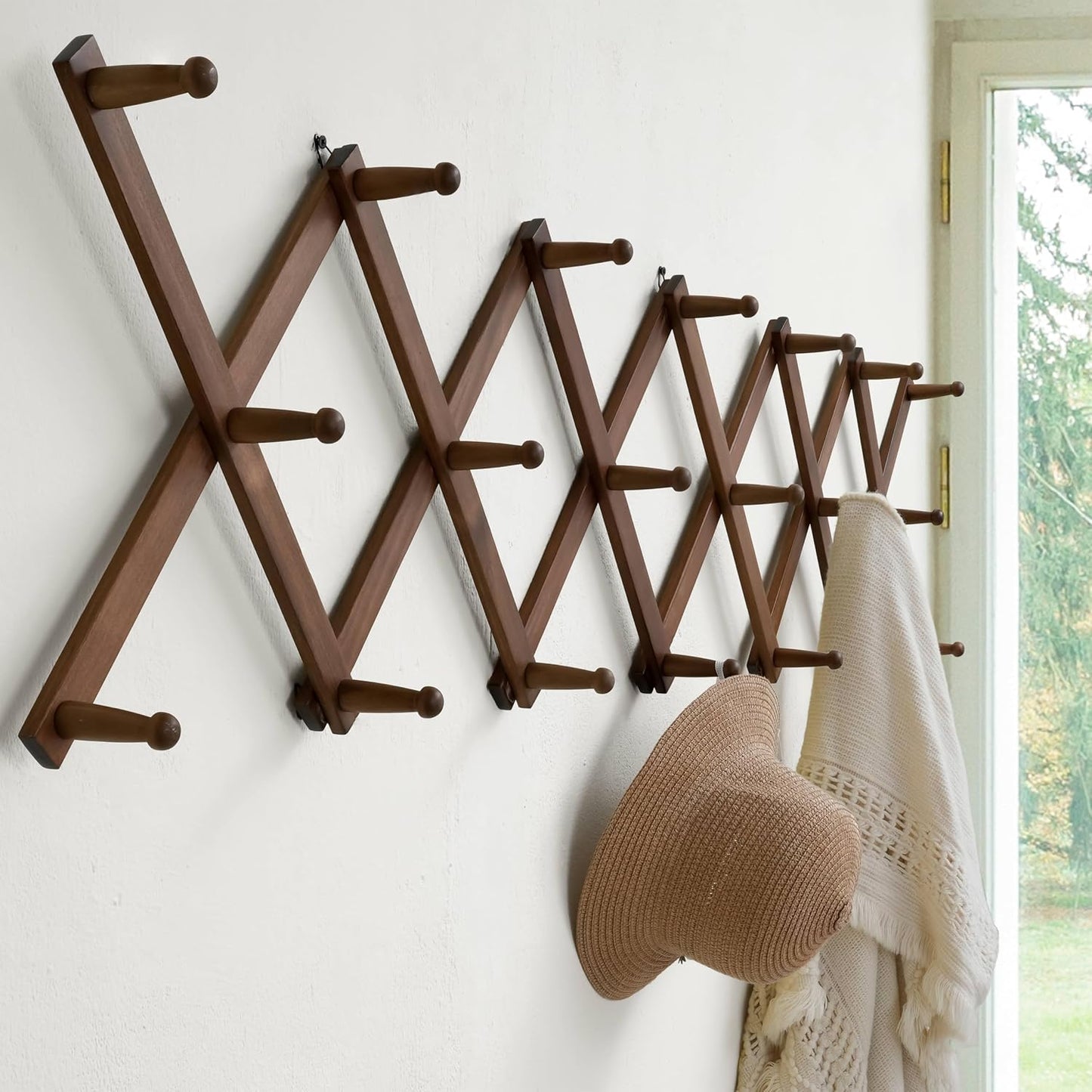 Accordian Wall Hanger: 16” High Wooden Wall Expandable Coat Rack, Hat Rack Holder, Accordion Hook for Baseball Caps