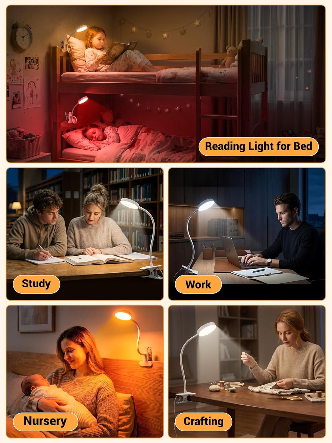 Clip on Light,10 Colors RGB Desk Lamp with Clamp,10 Dimmable Reading Lamp | 500 Lumen Eye-Caring Clip on Lamp,360°