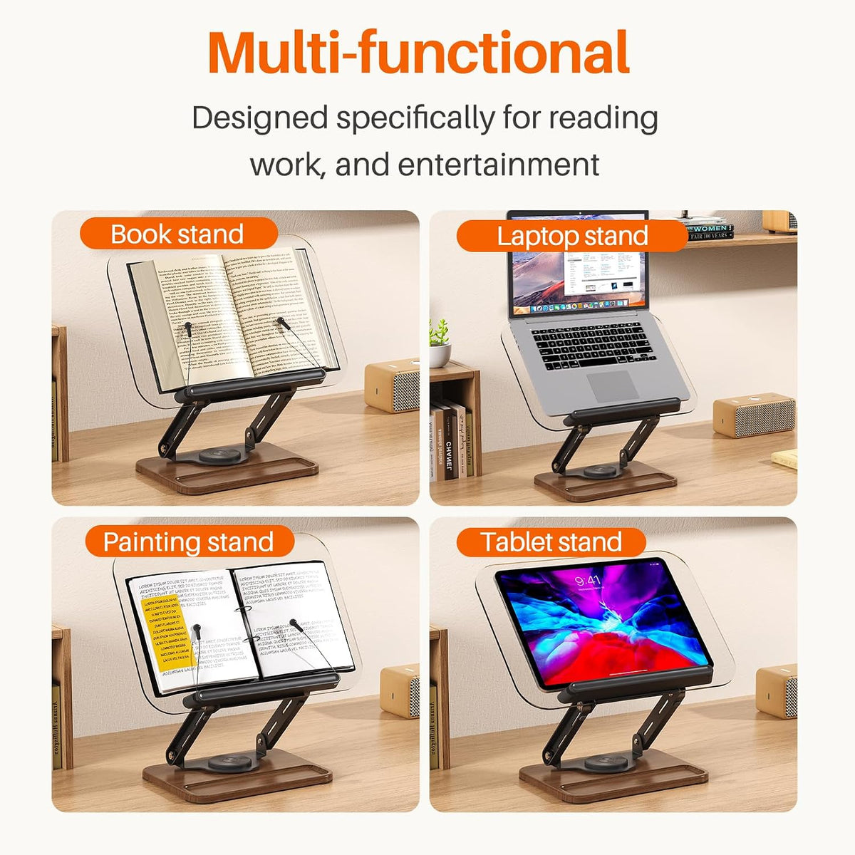 BYMECOST Acrylic Book Stand for Reading, 360°Rotating Book Holder, Black | Adjustable Height and Angle with Pen Slot
