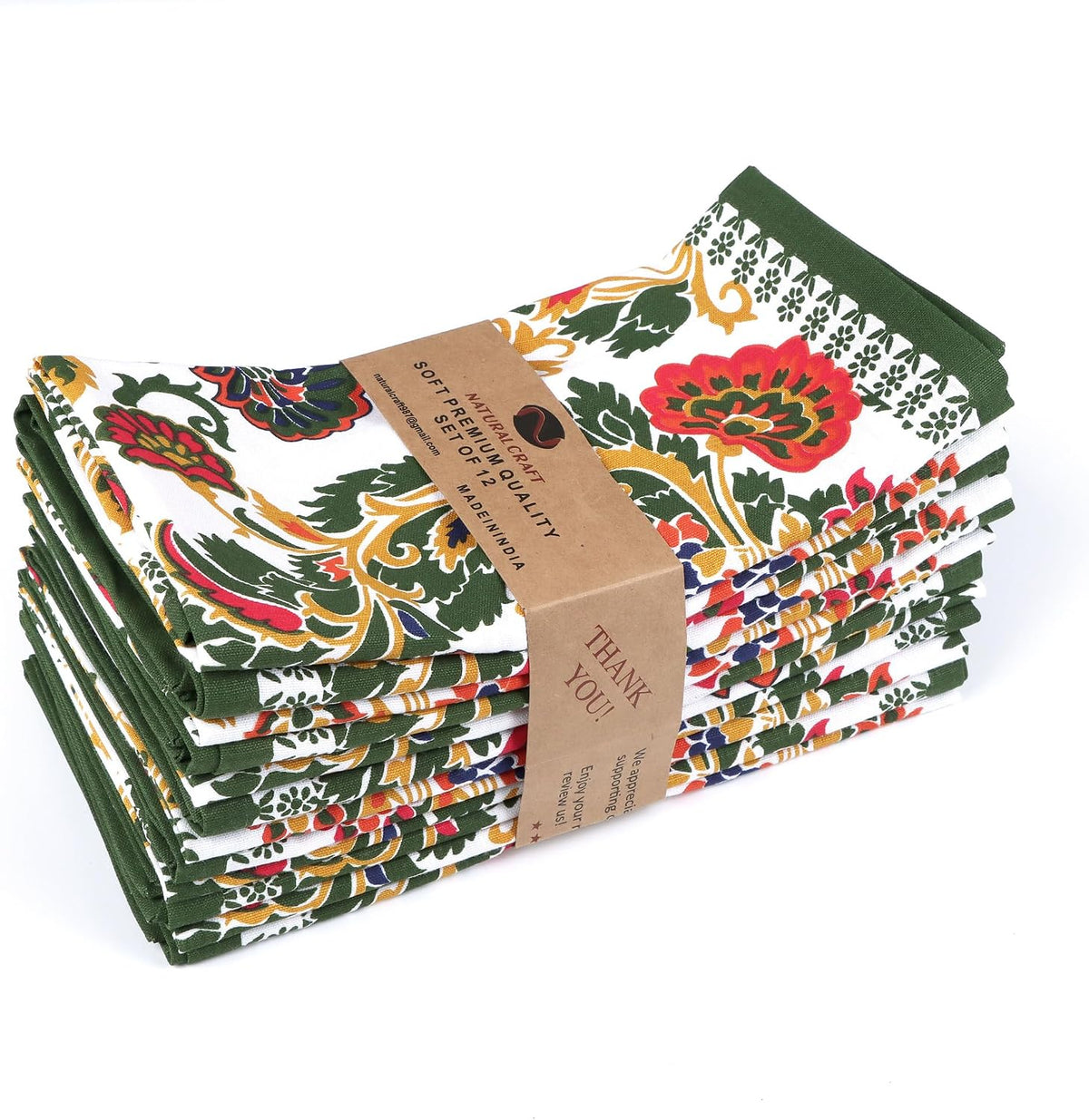 Printed Cloth Napkins Set of 12 Cotton Linen Printed Green Floral Print | Washable Reusable Fabric Soft Durable Quality