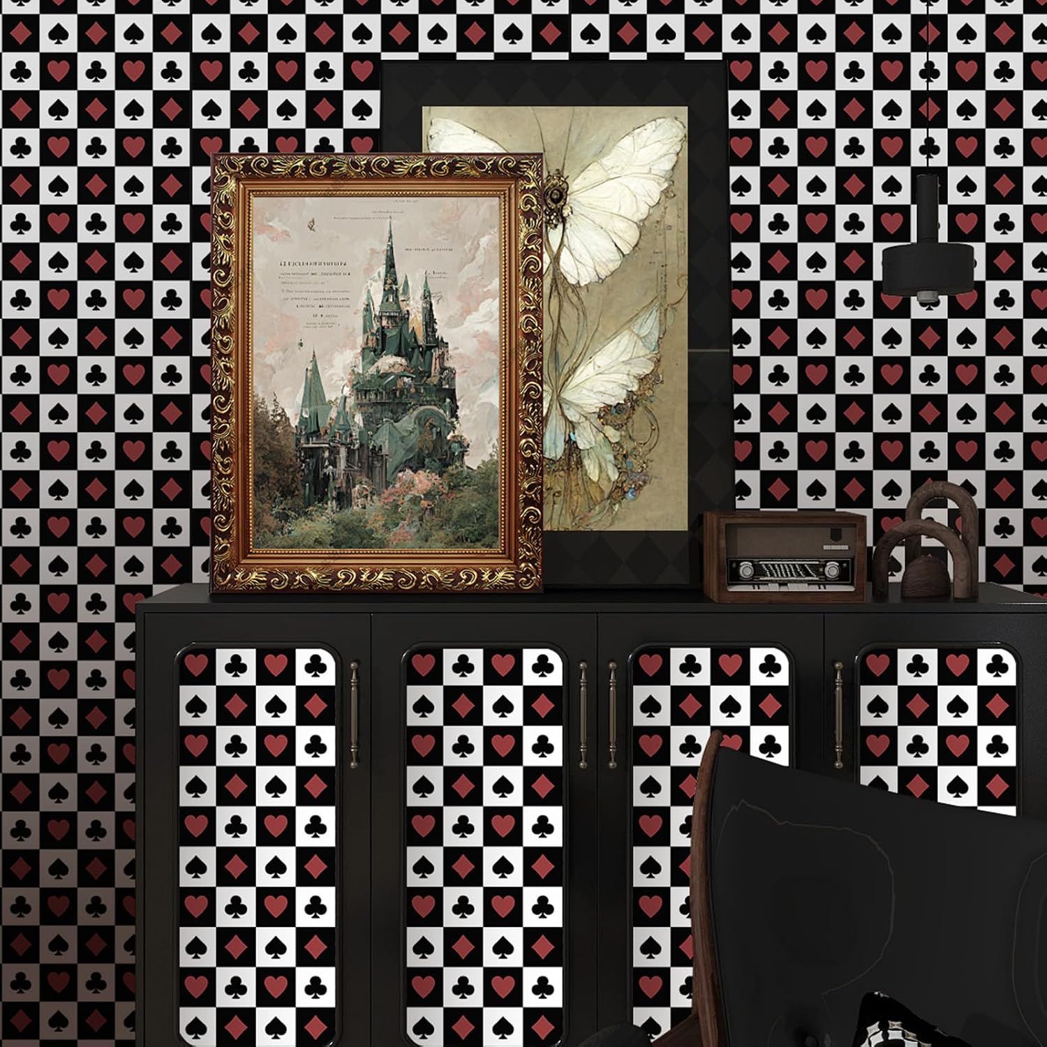 Wallpaper Peel and Stick Red "Gothic Contact Paper Self / Poker / Checkered / 17.3 x 120 / Black