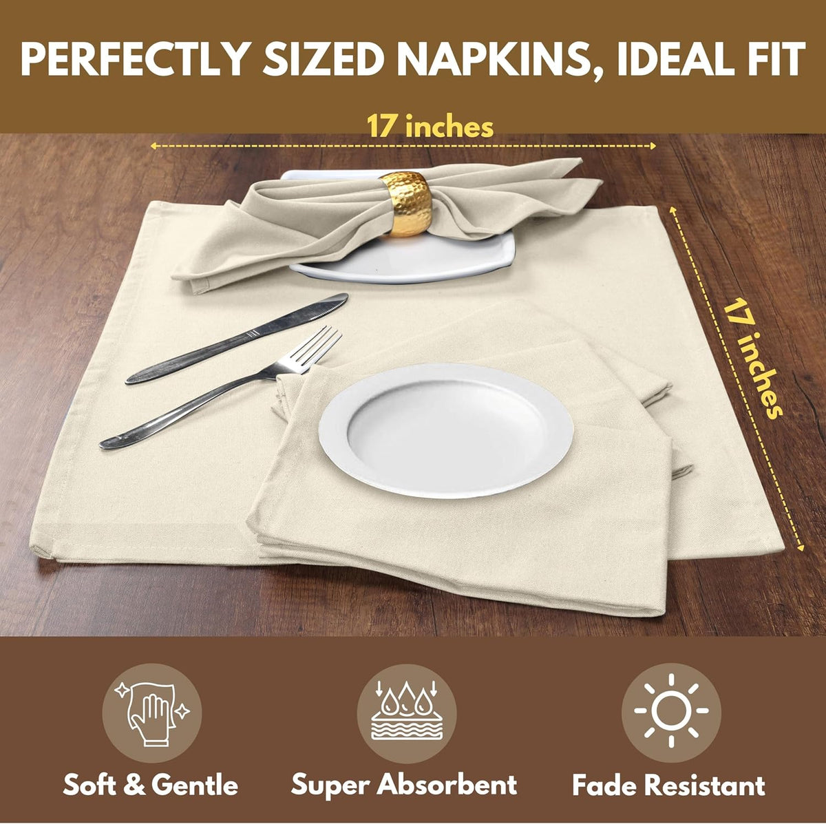 Native Fab Cloth Dinner Napkins, 12 Pack, 100% Cotton, 17x17 Inches, Soft Texture, Machine Washable, Colorfast