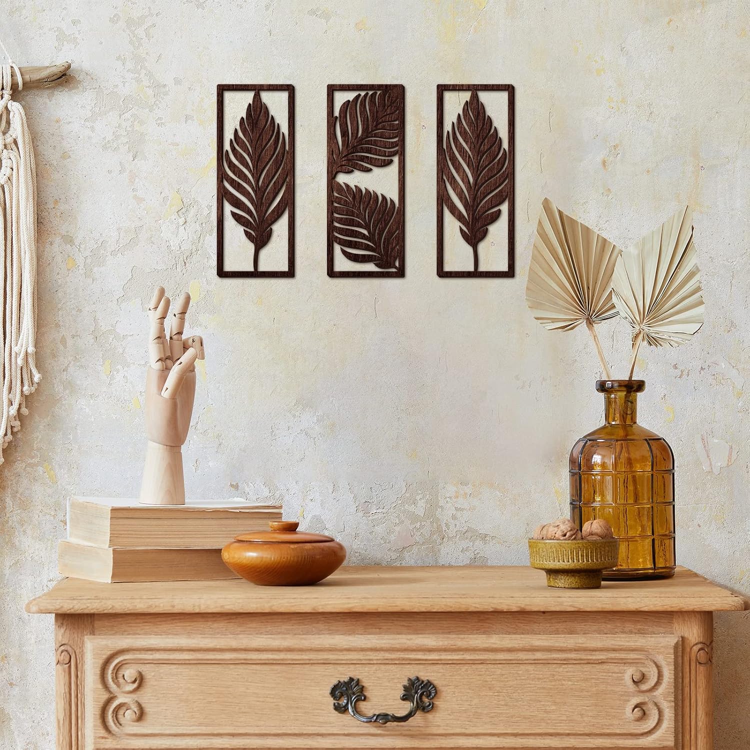 Palm Leaves Wooden Art Wall Decor Boho Wood Leaves Plant Wall / Brown / 14.57 x 5.79 / Set of 3