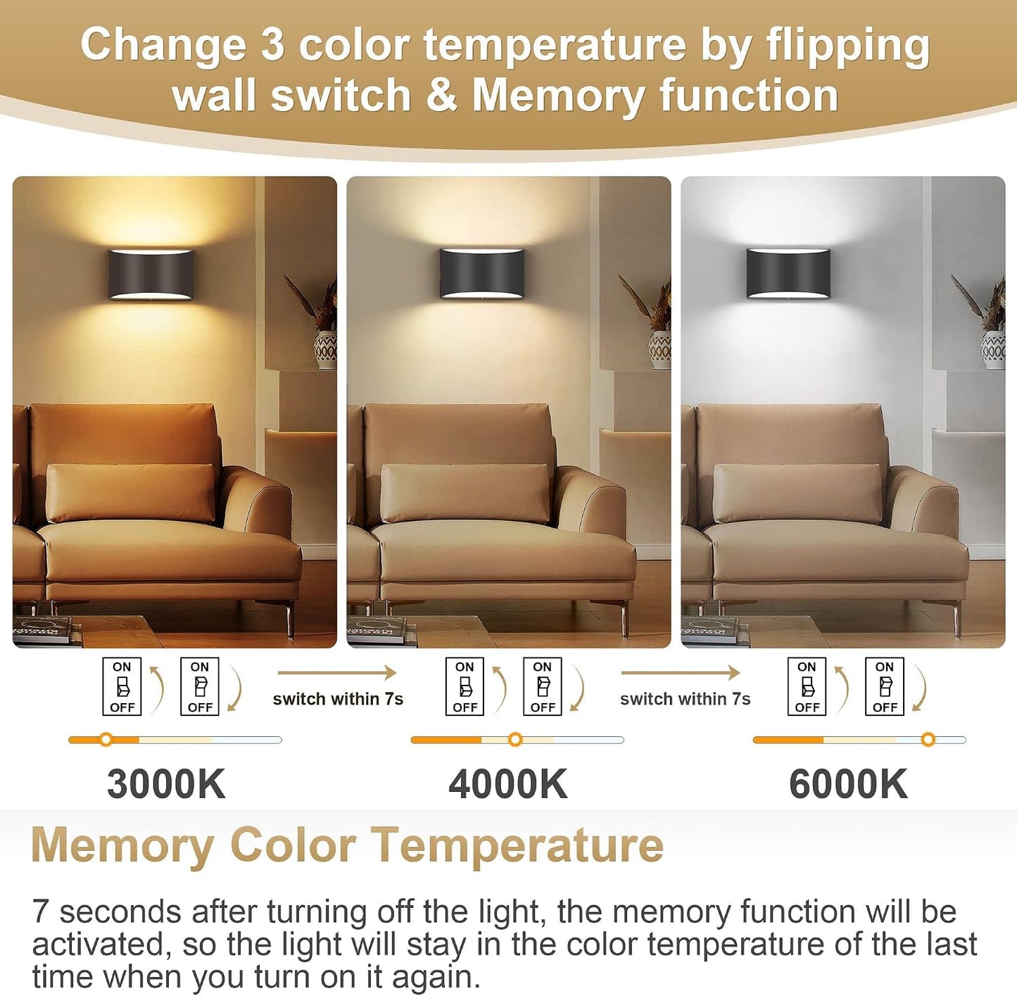 TRLIFE Modern Wall Sconces, 3000K/4000K/6000K Selectable and Dimmable LED Wall Sconce 12W Aluminum Wall Mounted Light