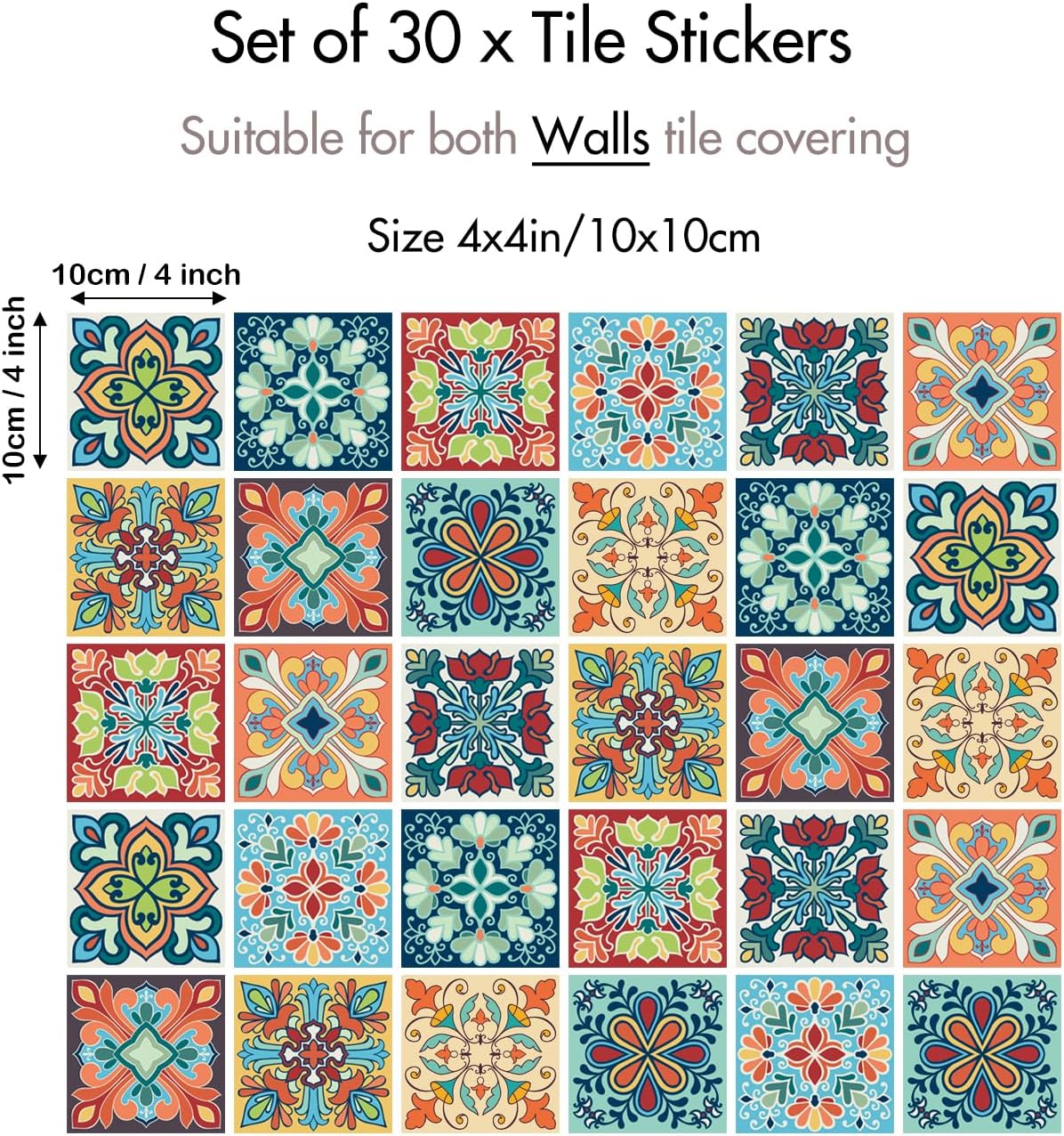 Colorful Bohemian Tile Stickers / 4 x 4 / Set of 30
