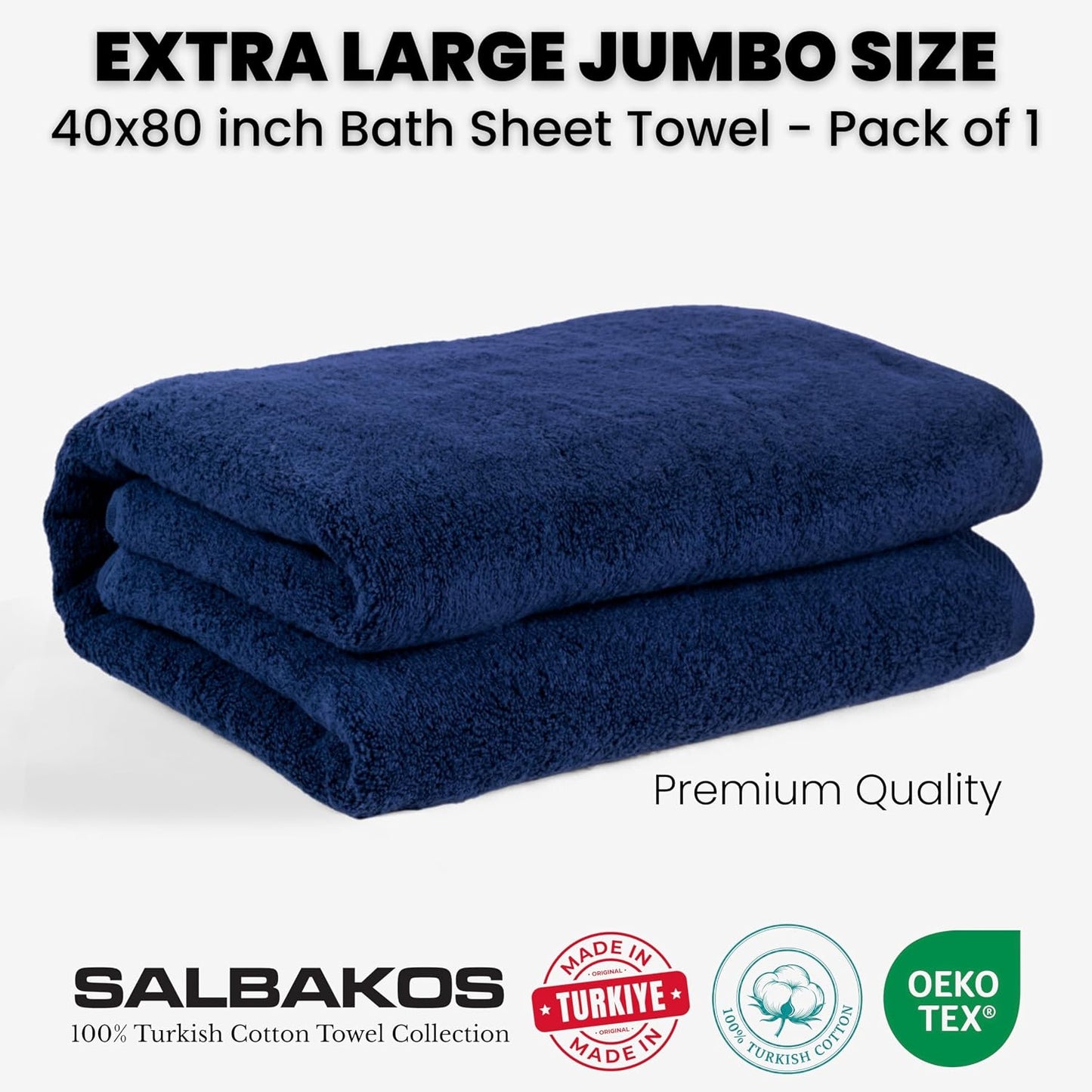 SALBAKOS Luxury 100% Turkish Cotton Bath Sheet 40x80 (1-Piece, Navy Blue) | Extra Large Jumbo Oversized Bathroom and