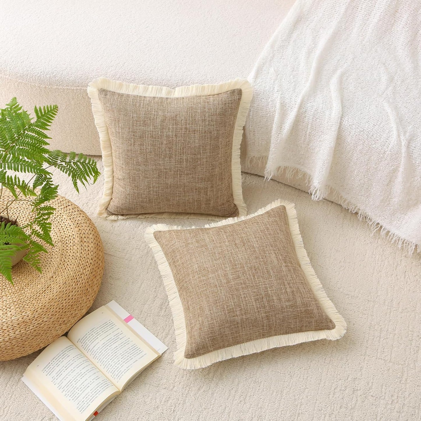 Khaki Boho Burlap Fringe Decorative Throw Pillow Covers Rectangle / Taupe / 20 x 12 / Set of 2