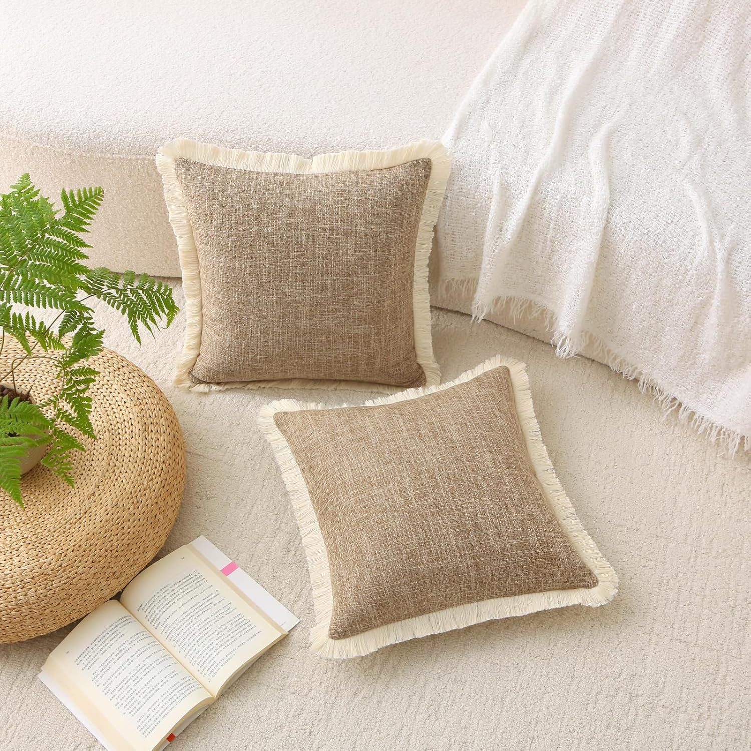 Khaki Boho Burlap Fringe Decorative Throw Pillow Covers Rectangle / Taupe / 20 x 12 / Set of 2
