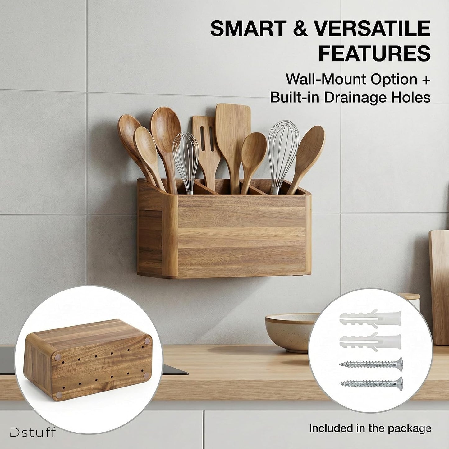 Dstuff Wood Utensil Holder for Kitchen Counter - Large Kitchen Utensil Holder for Countertop - Acacia Wooden Utensil
