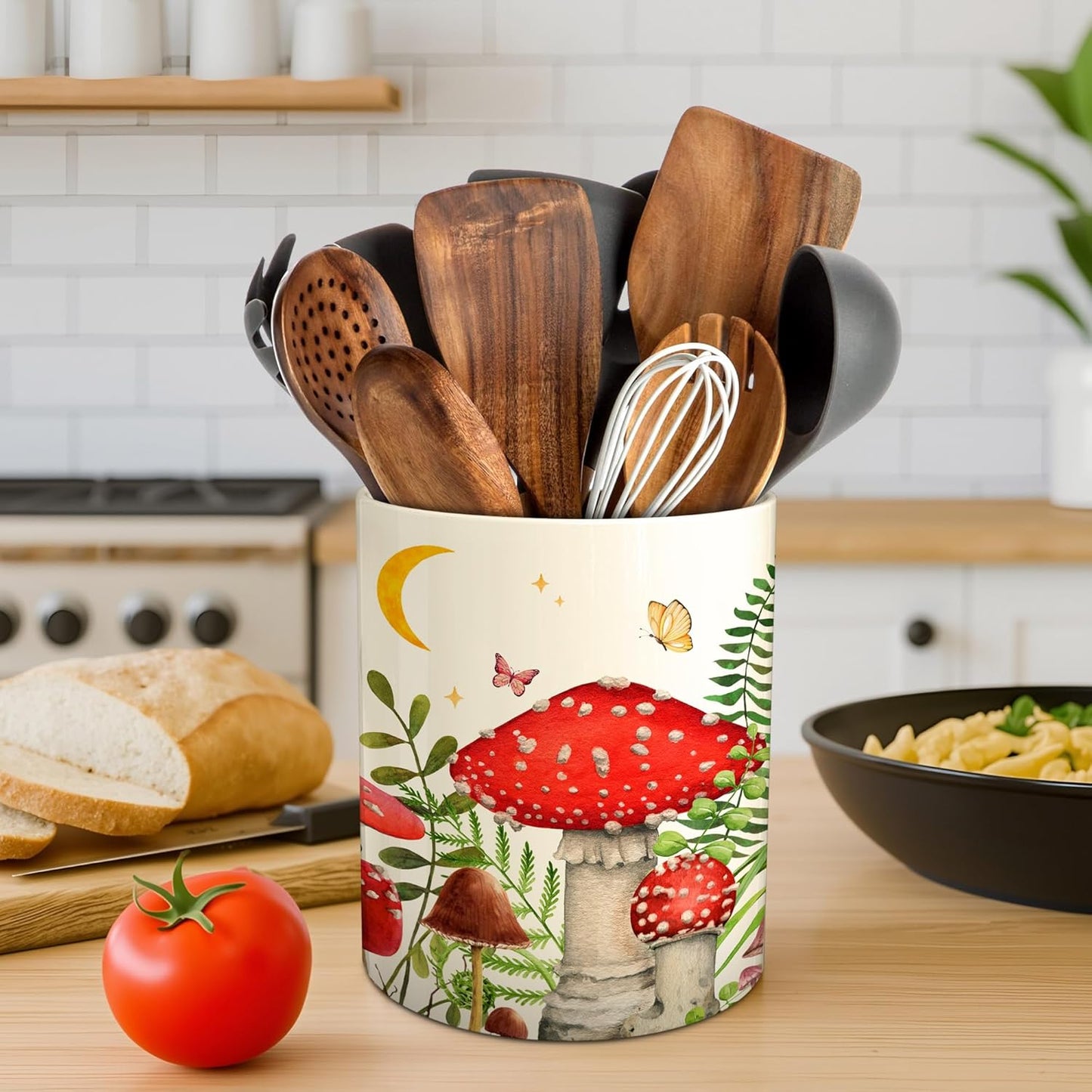 Kitchen Decor Ceramic Utensil Holder for Farmhouse Indoor Kitchen / Mushroom