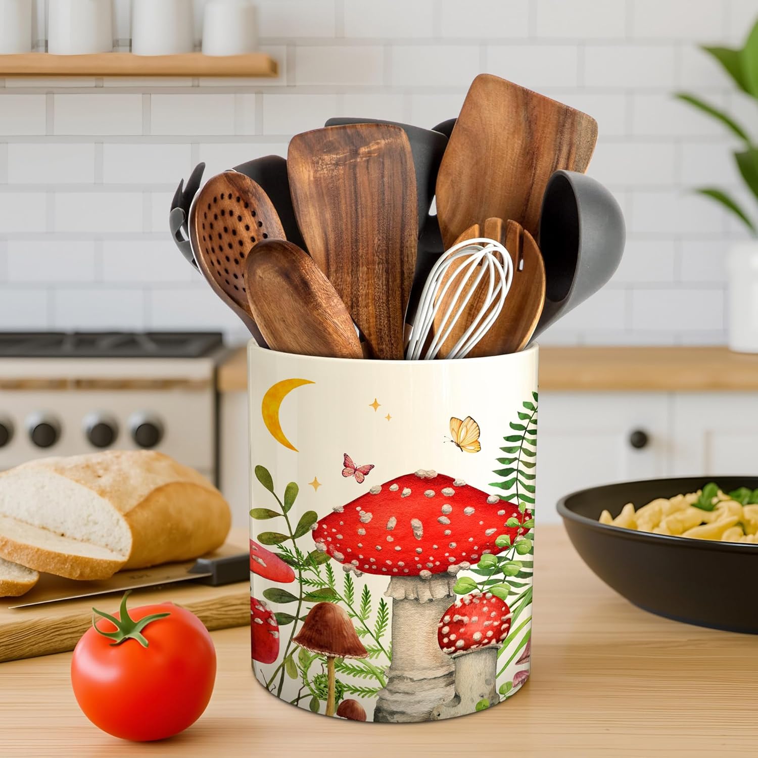 Kitchen Decor Ceramic Utensil Holder for Farmhouse Indoor Kitchen / Mushroom