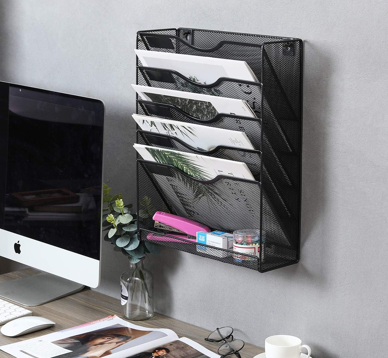 EasyPAG 5 Tier Wall File Holder Mesh Hanging Folder Organizer with Classify Label, Versatile Desk File Holder, Vertical