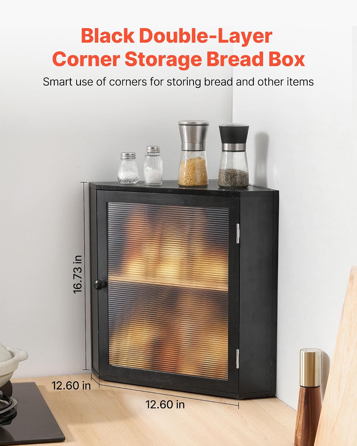 VEVOR Corner Bread Box for Kitchen Counter, Double Layer Large Capacity Bamboo Bread Storage Container, Farmhouse