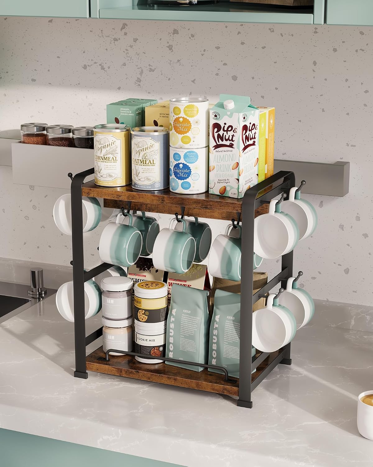 OROPY Coffee Mug Holder Countertop, Mug Rack 2 Tier Shelf & 14 Mug Hooks | Wooden Coffee Bar Station Organizer