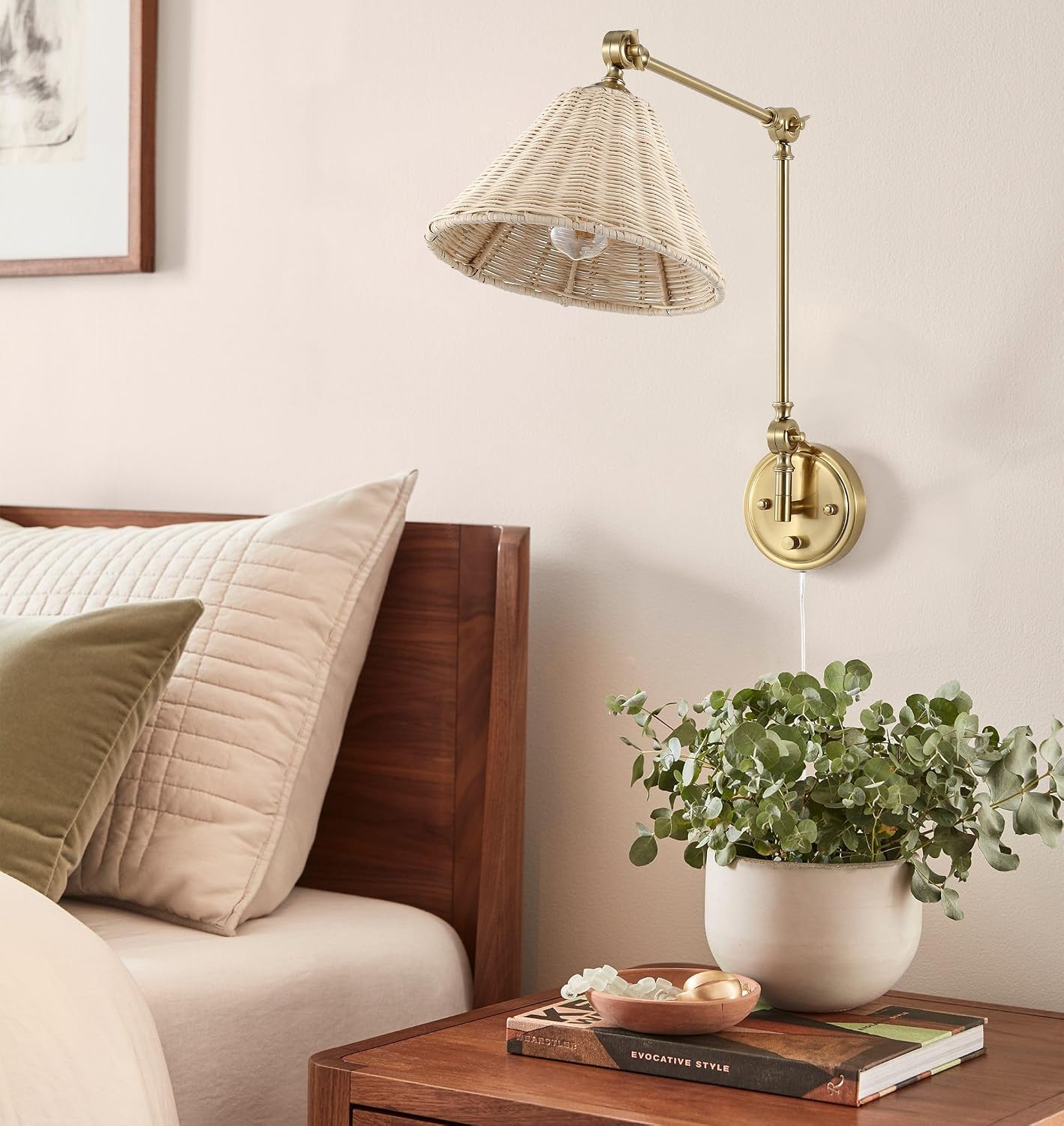 WINGBO Wall Sconce Rattan Wrapped Wall Lamp, Large Lampshade, Adjustable Swing Arm Wall Light Gold Vintage Bedside