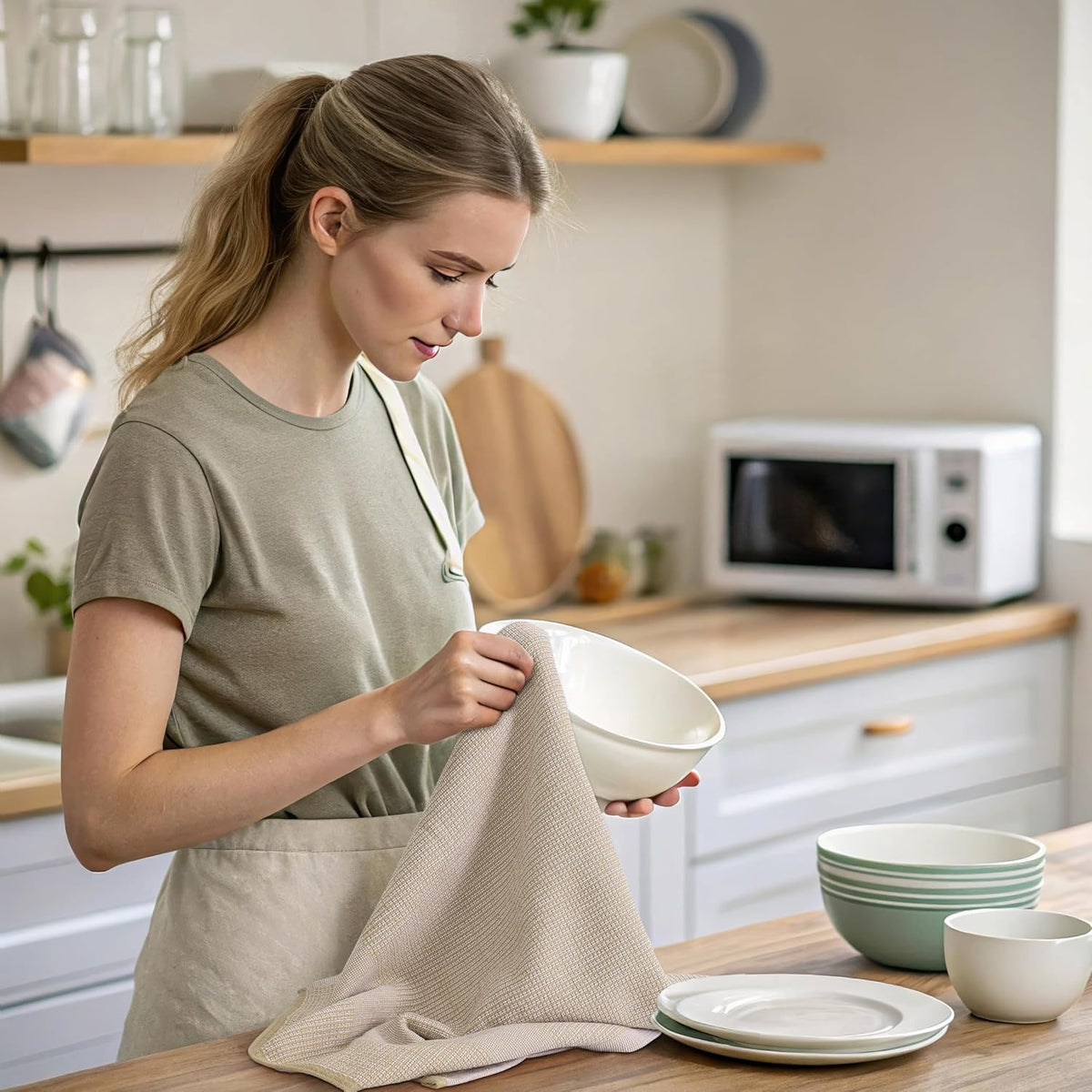 Mordimy Premium Large Cotton Kitchen Towels (18"x 28", 12 Pack), Khaki | 100% Ring Spun Cotton, Super Absorbent, 380