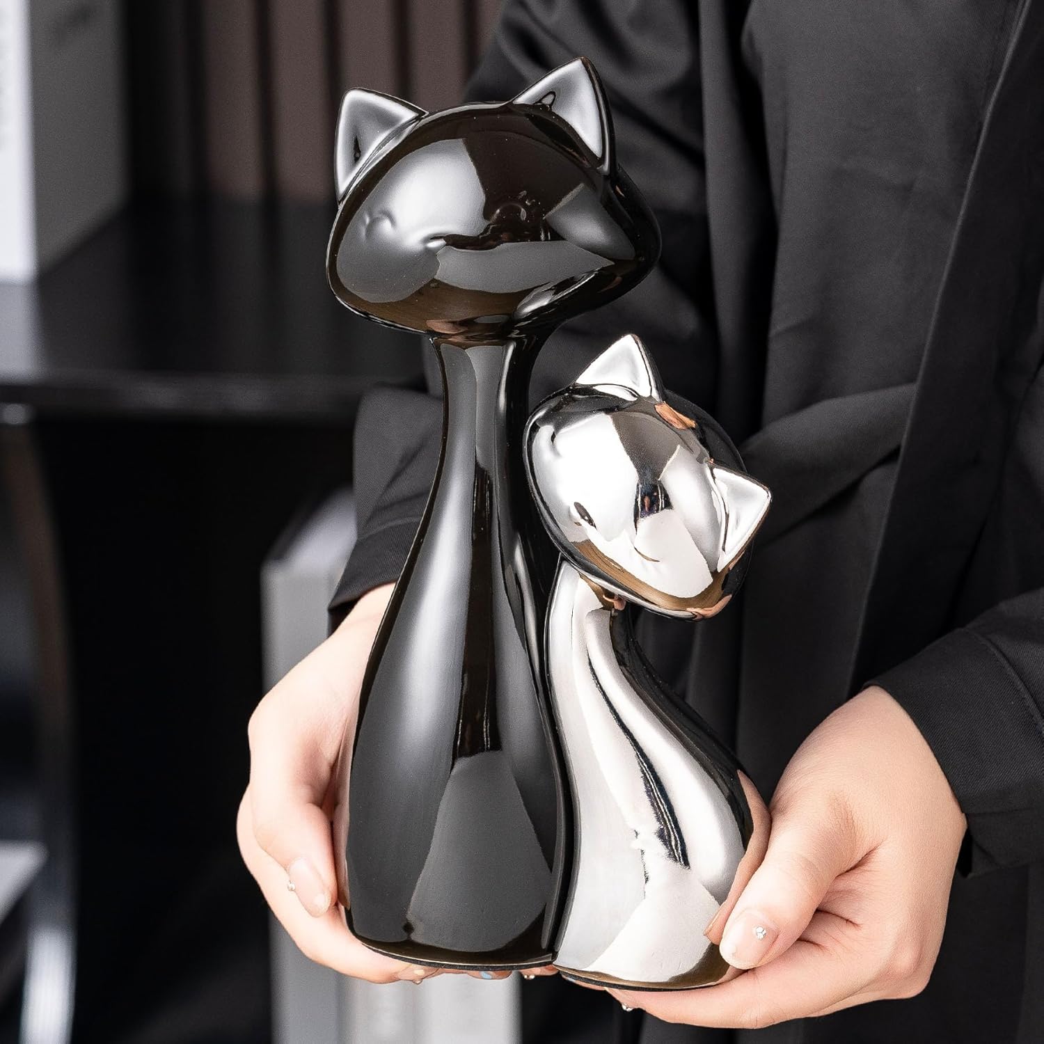 Ceramic Cat Statue / Black& Silver / Set of 2