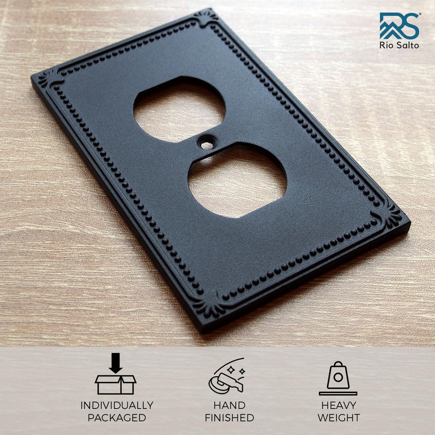 Rio Salto Duplex Outlet Covers Light Switch Cover Plate Outlet Cover Matte Black Metal — Pearl Collection, Midsize