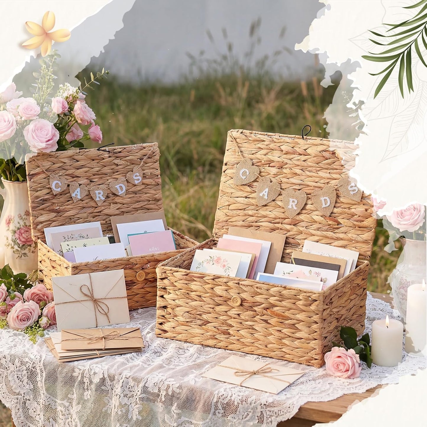 2 Size Rustic Wedding Card Basket Set Water Hyacinth Decorative Wicker Basket Boxes / Set of 2