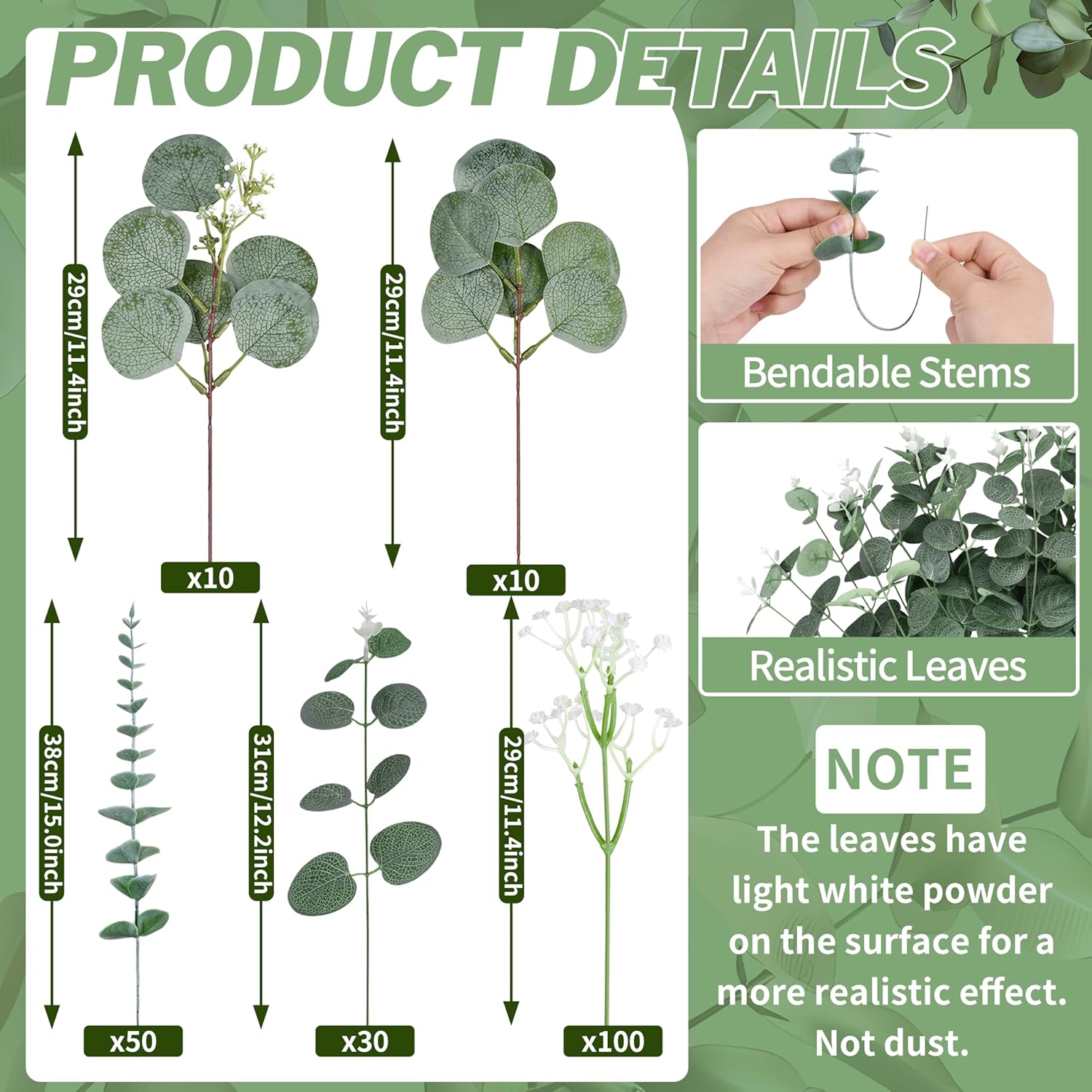 5 Kinds Mixed Artificial Eucalyptus Leaves Stems Bulk Babys Breath / Mix Green / Set of 200