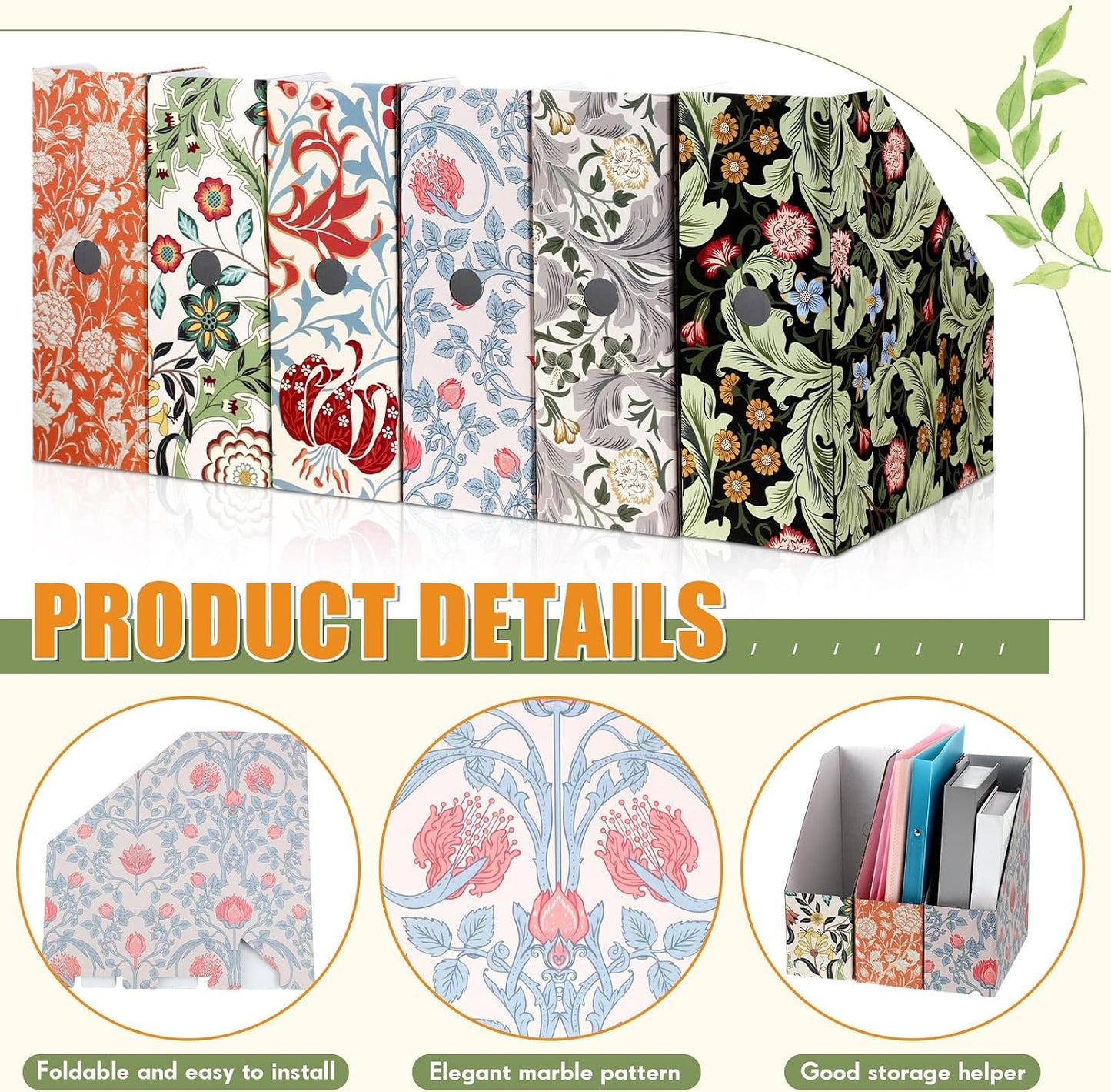 PerKoop 12 Pcs Decorative Magazine File Holders Floral Foldable File Folders Magazine Storage Boxes Rack Desk Organizer