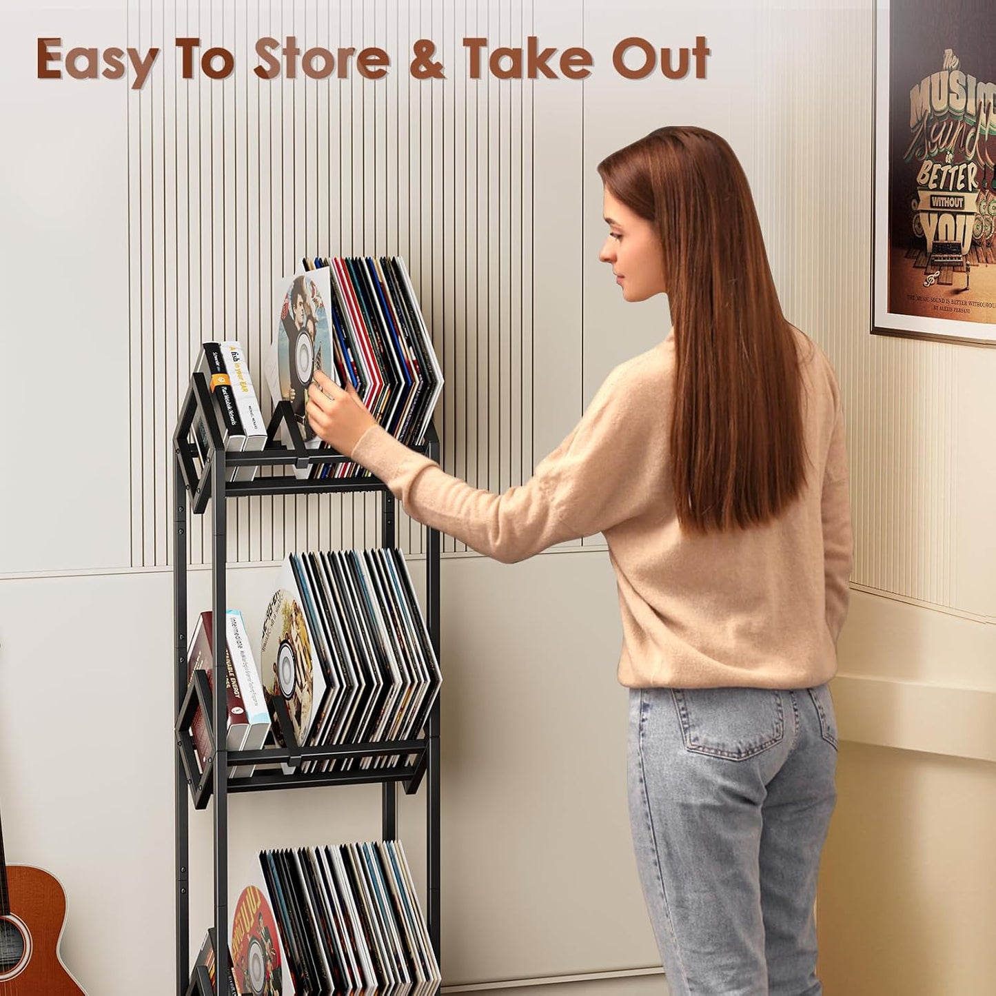 Vinyl Record Storage Rack, Record Holder 260-280 LP Storage Shelf Display Stand for Albums Books Magazines Files, Black
