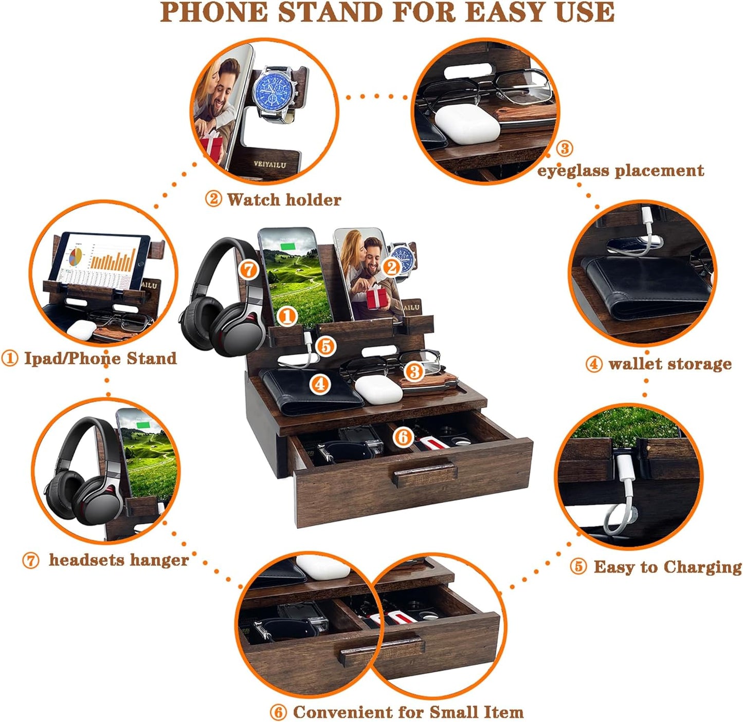 Gifts for Men Women Husband Son Boyfriend Him Nightstand Organizer Wood Phone Docking / Walnut