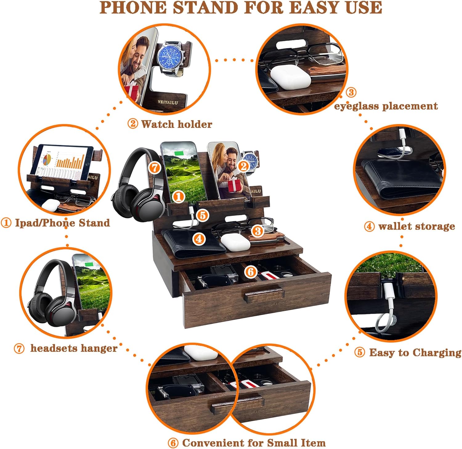 Gifts for Men Women Husband Son Boyfriend Him Nightstand Organizer Wood Phone Docking / Walnut