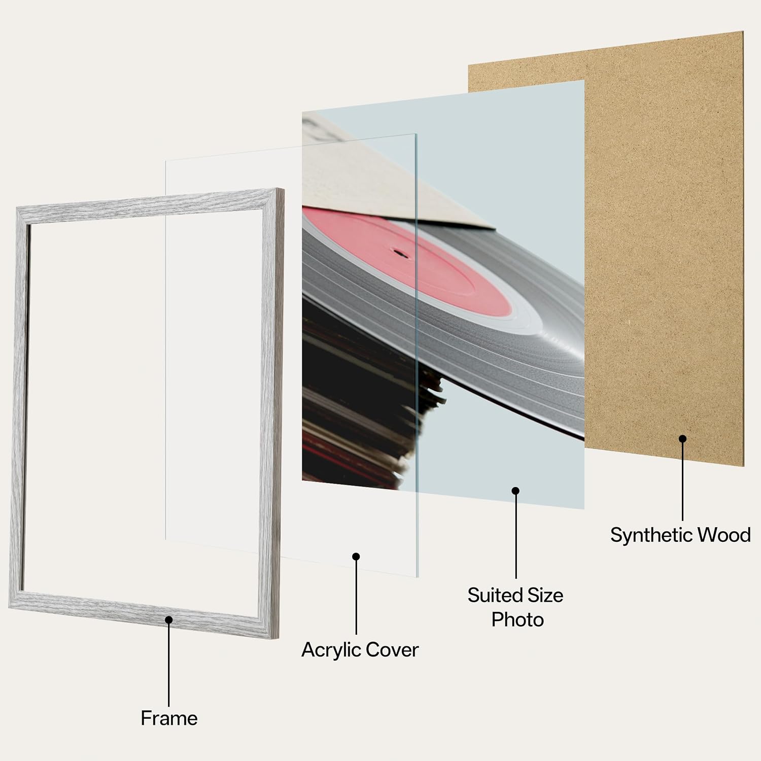 eletecpro Vinyl Record Frame, 12.5x12.5, Grey, 4 Pack | Fits 12x12 LP and Album Cover, Easy Wall Mount, Acrylic Cover