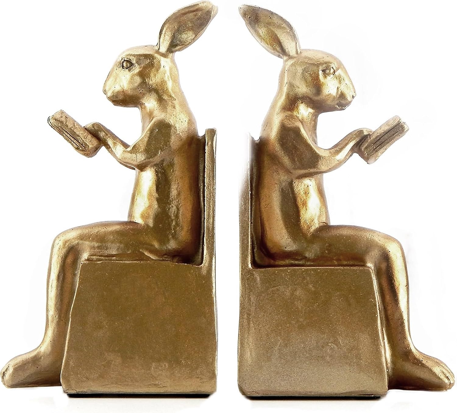 Rabbit Bookends / Studious Reading Bunny Decorative Book Ends / Gold / 7 Inch / Set of 2
