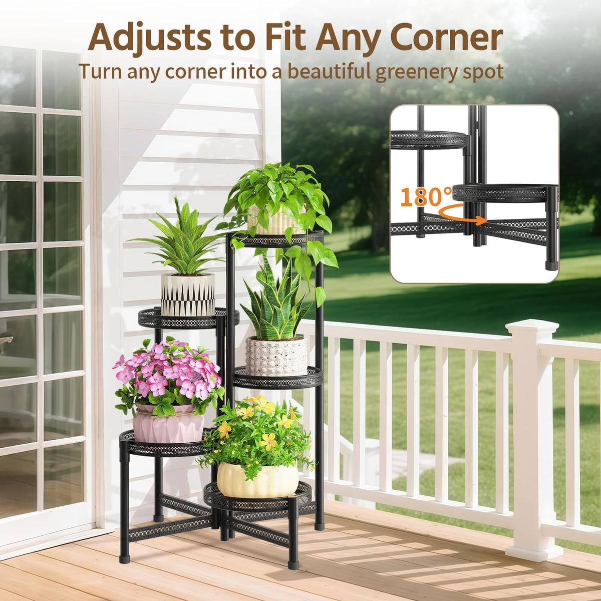 LASZOLA Plant Stand Indoor Outdoor Tall with 10 Inch Larger Tray, Black | 5 Tier Heavy Duty Metal Folding Adjustable