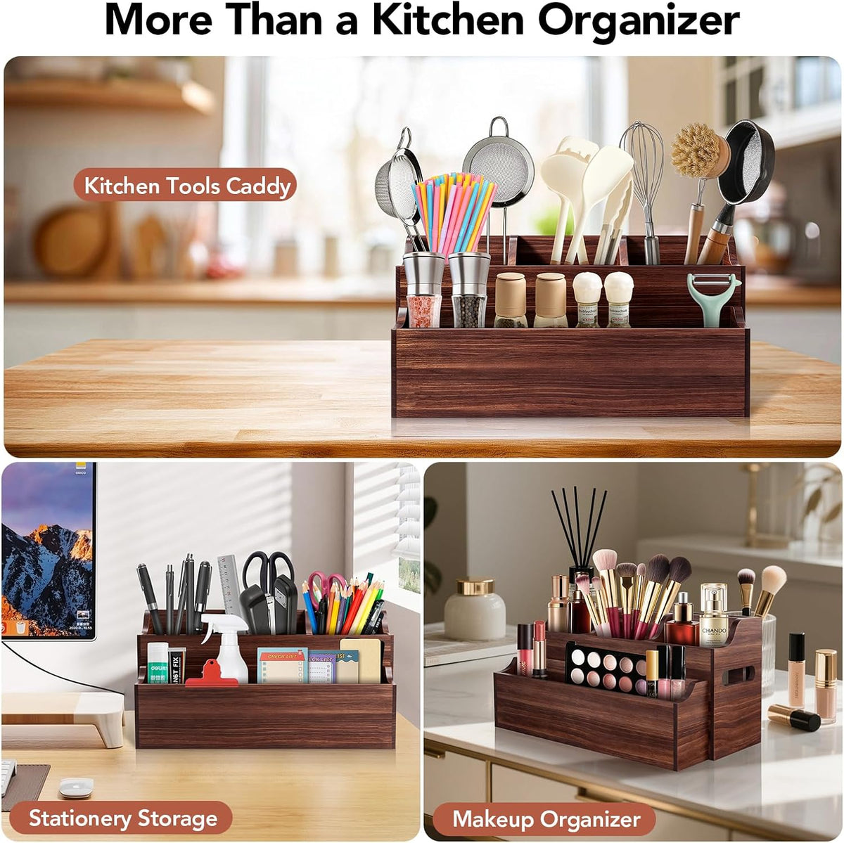 Kitchen Utensil Holder for Countertop, Large Wooden Utensil Organizer | 6 Compartments for Storage Cooking Utensils &