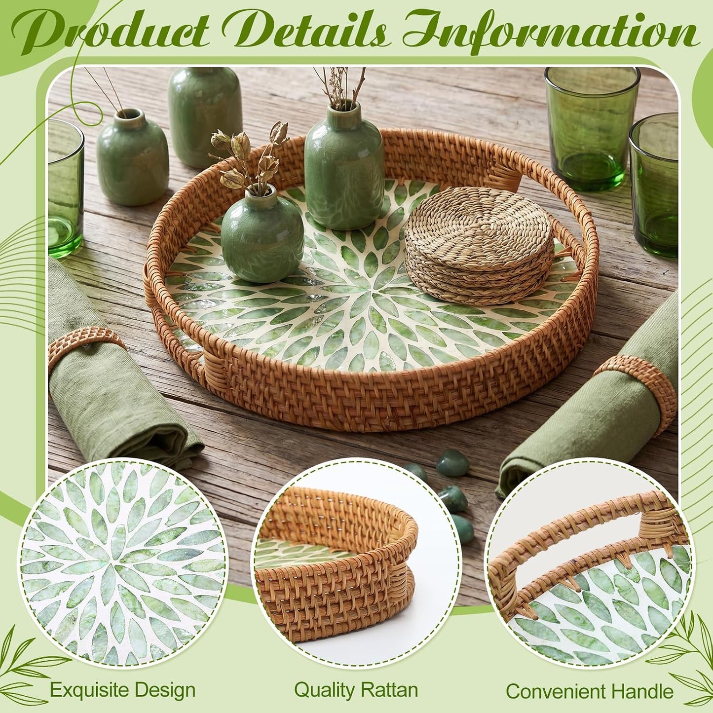 1 PC Round Rattan Tray / 11.8 / Green Leaf / 11.8 Inch