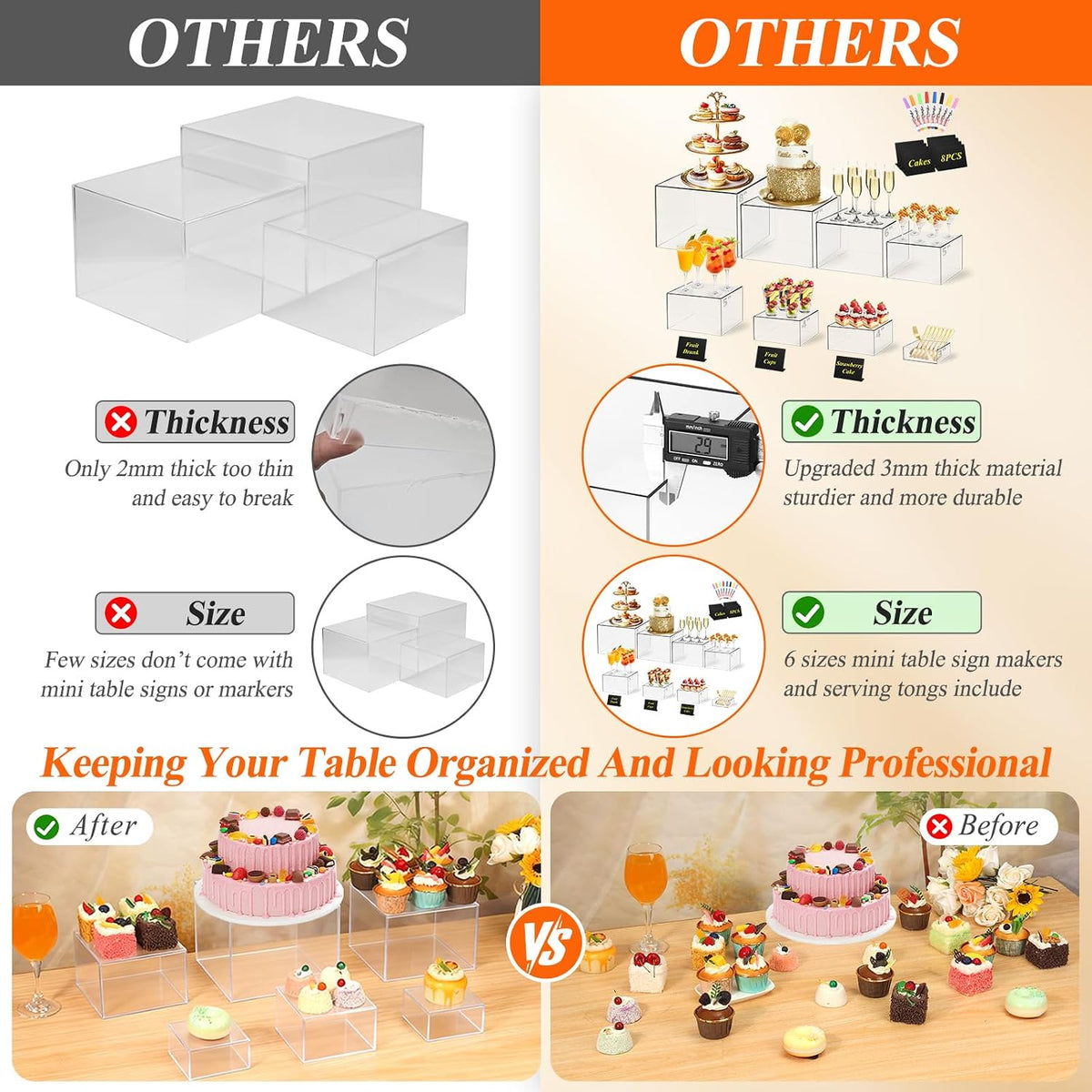 8 Pcs Clear Acrylic Buffet Risers with Mini Sign and Maker,Buffet Risers and Stands Clear Food Display Risers for