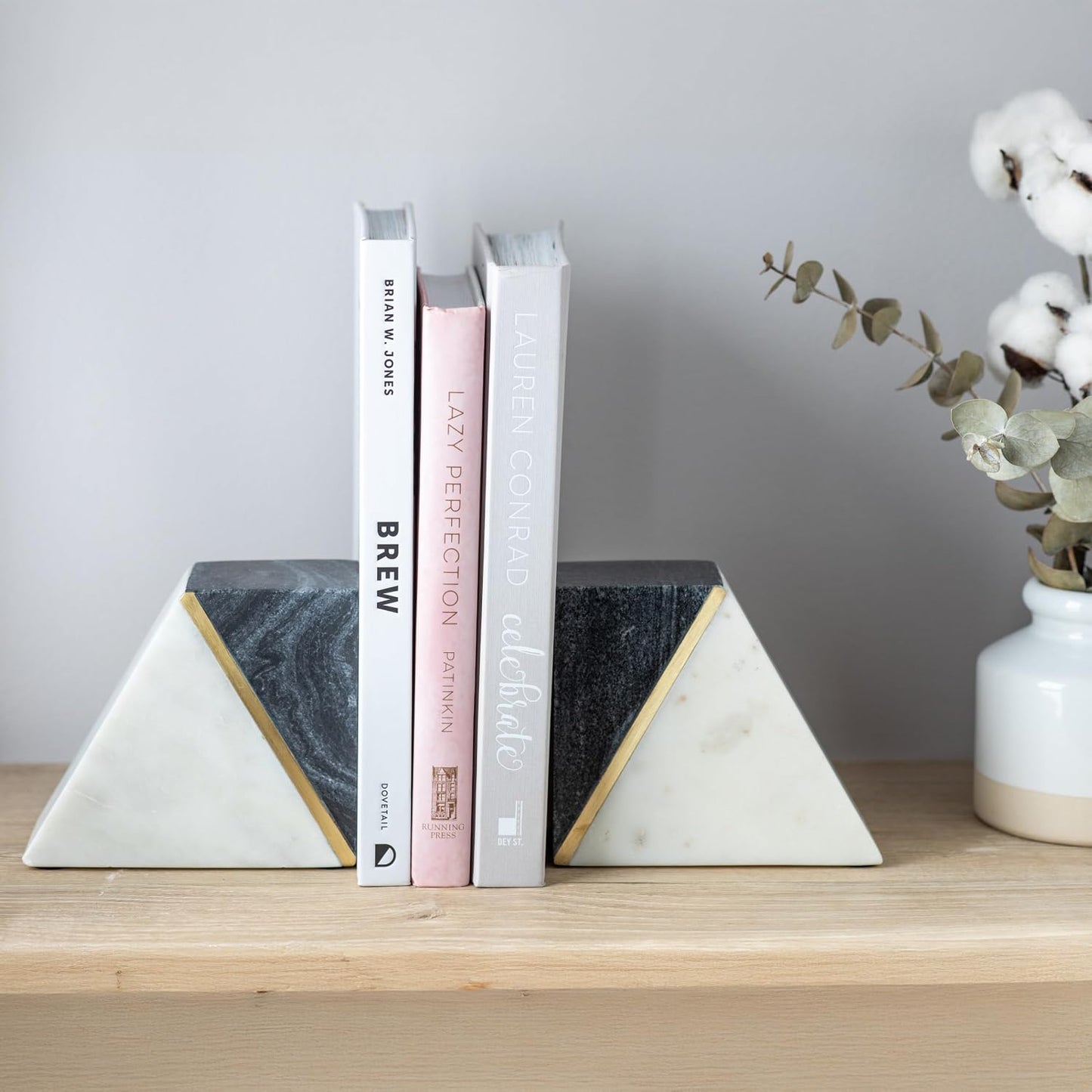 Marble Book Ends / White / Grey + Brass