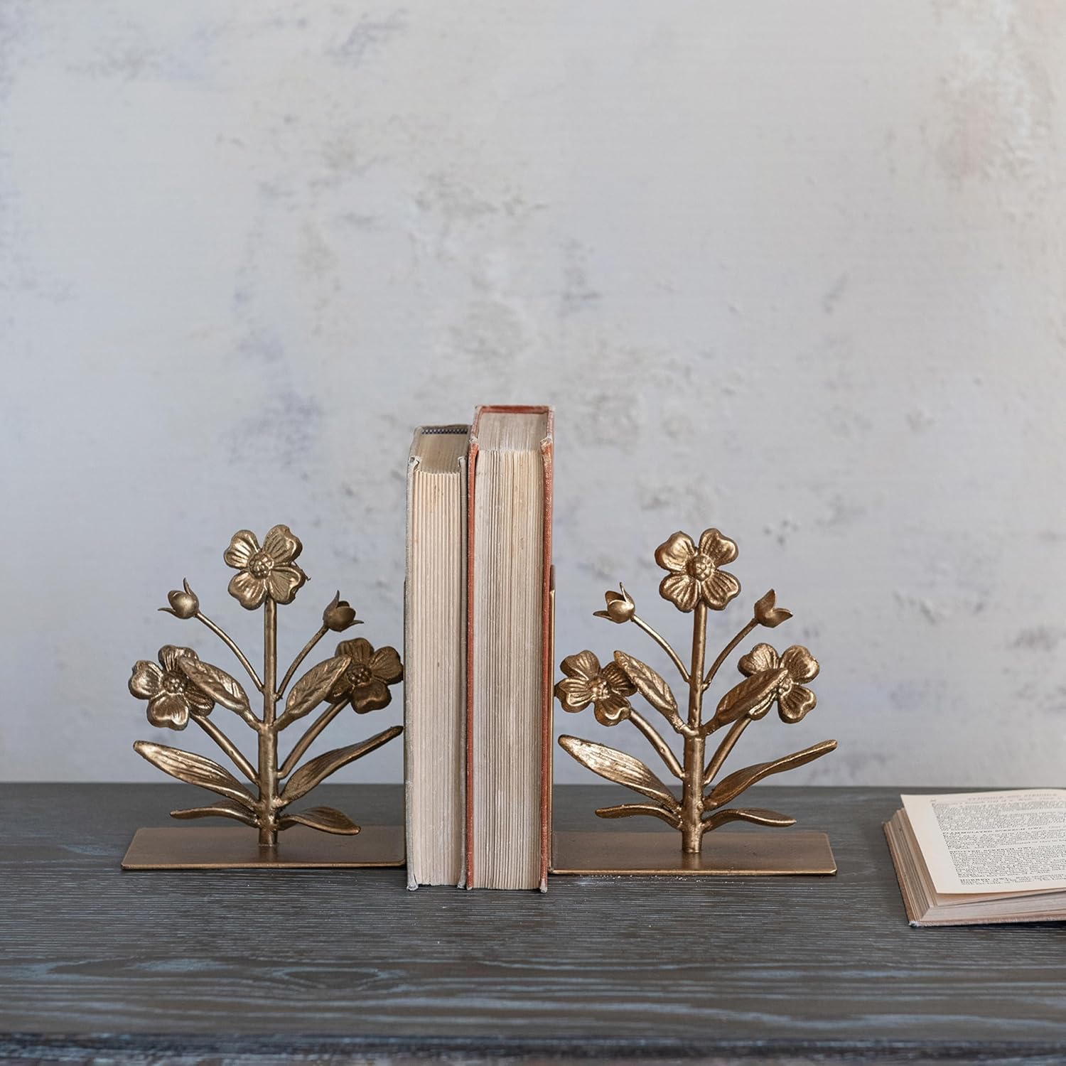 2-Piece Cast Metal Flower Bookends / Gold