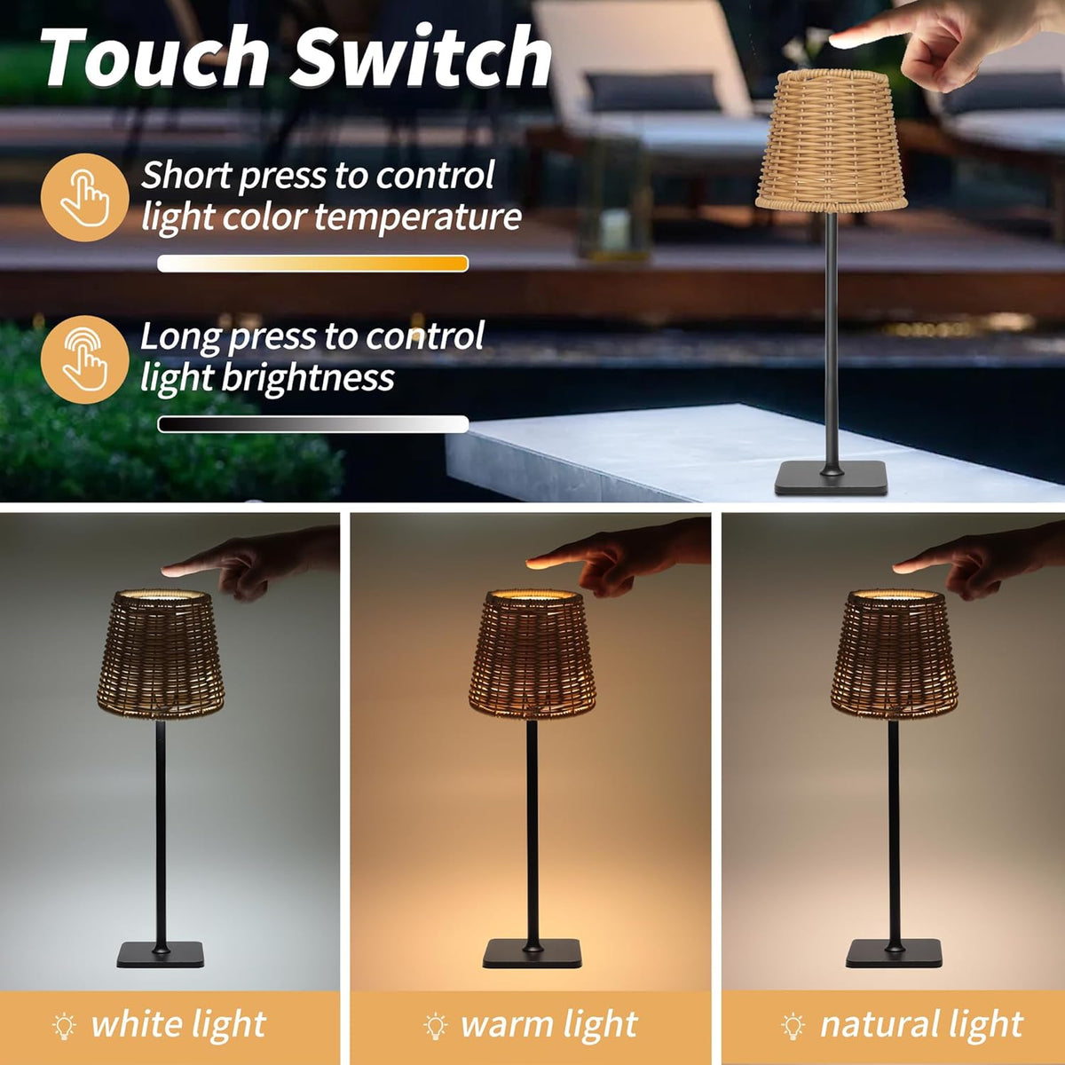 Mr. White Outdoor Waterproof Cordless Set of 2 Rechargeable Portable Top Touch Battery Operated Powered LED Table Lamp