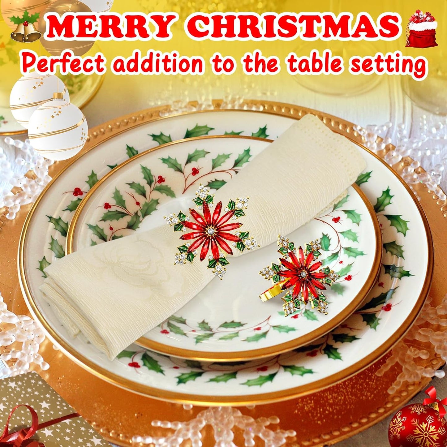 Christmas Crystal Snowflake Napkin Rings Set of 12- Rustic Dinner Tables Setting Decoration for Wedding Receptions
