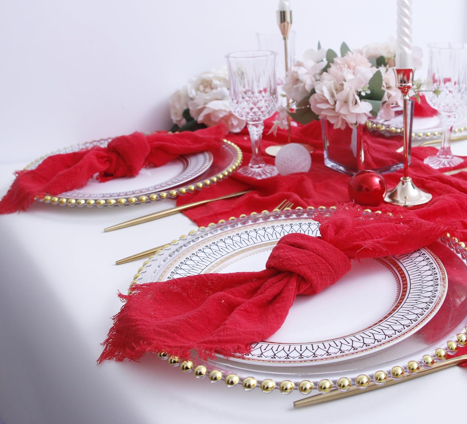 Fall Cloth Napkins with Fringe, Cotton Gauze Napkins Set of 12, Red | Boho Rustic Dinner Napkins, 16 x 16 Inch Washable