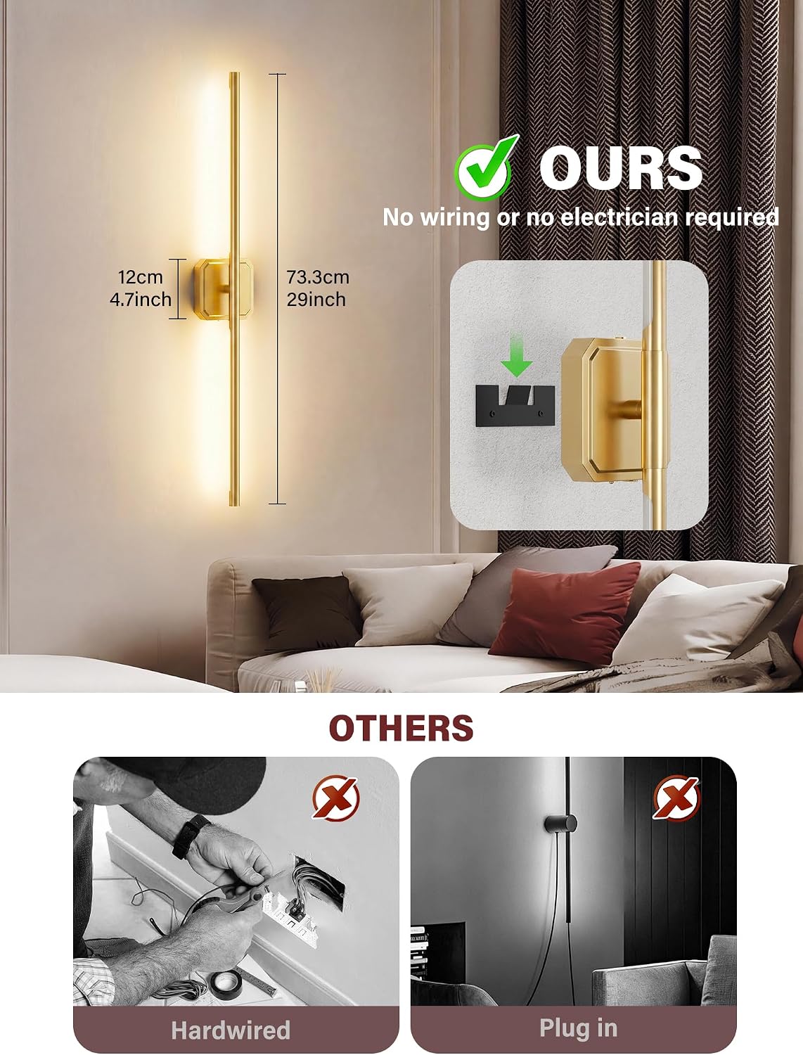 Battery Operated Wall Sconces Set of Two, Wireless Wall Lights Touch & Remote Control Rechargeable LED Wall Lamp
