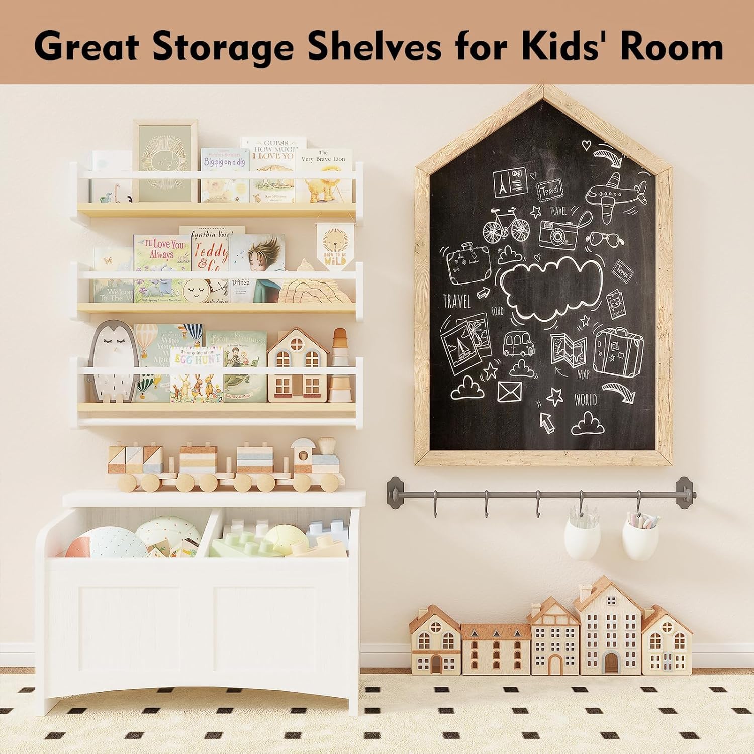 Pine Wood Nursery Shelves / White & Wooden / 16 In
